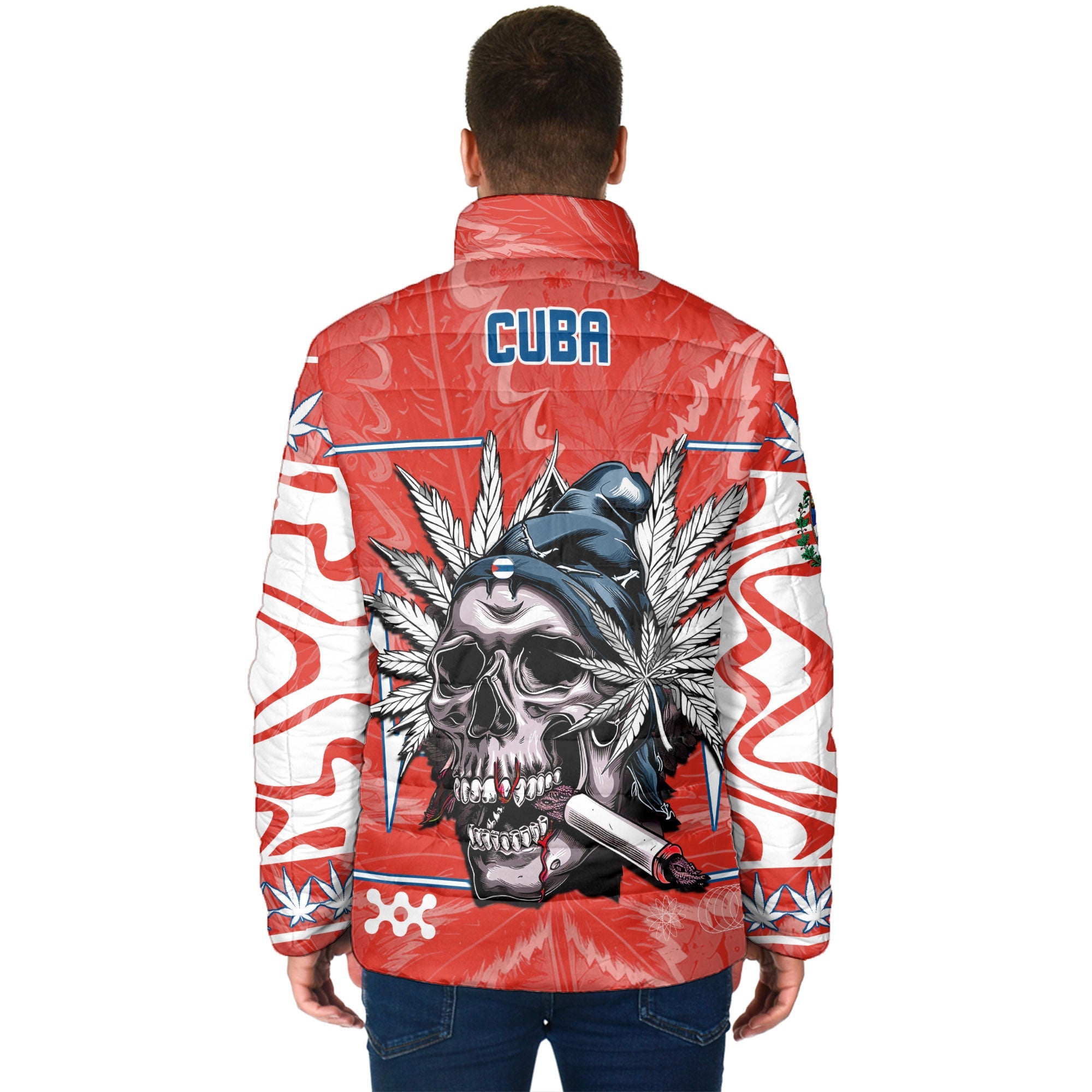 Cuba Men Padded Jacket Flag & Coat Of Arms Marijuanas Style