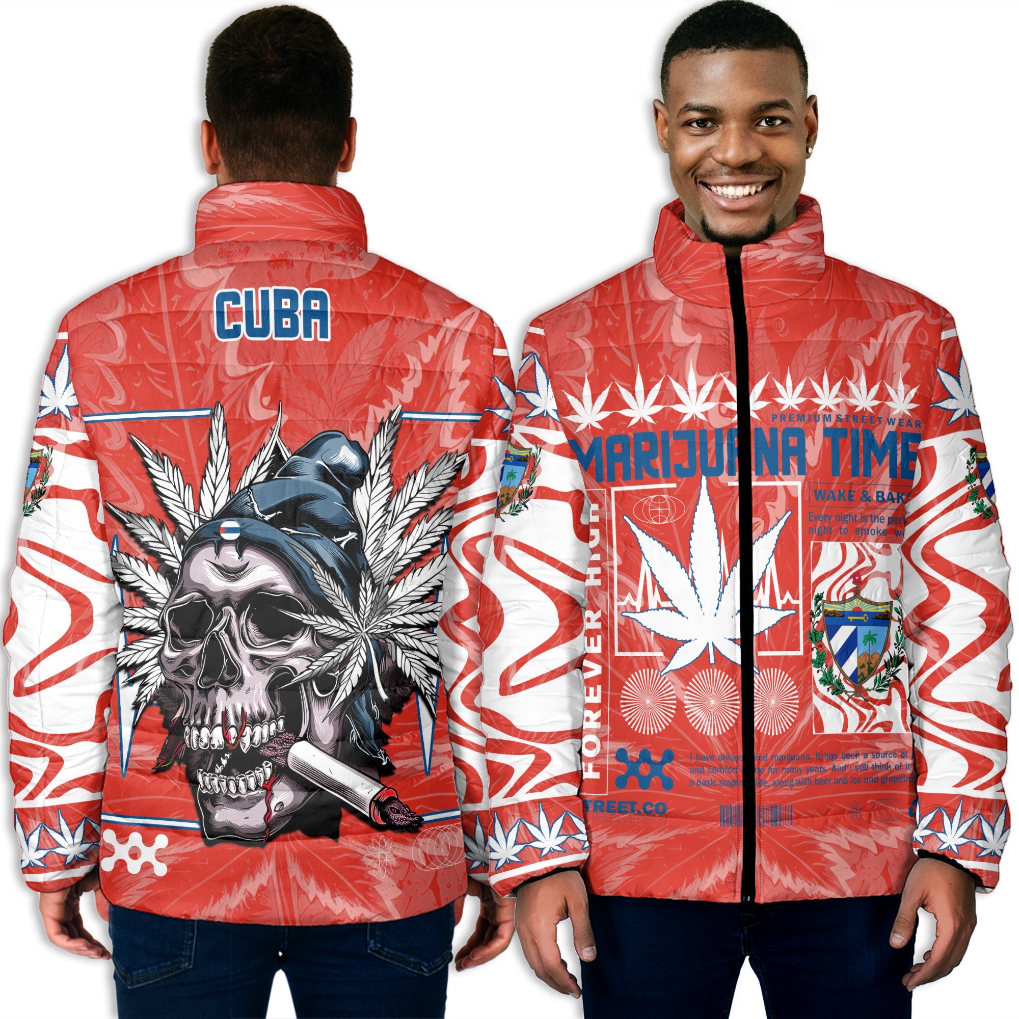 Cuba Men Padded Jacket Flag & Coat Of Arms Marijuanas Style