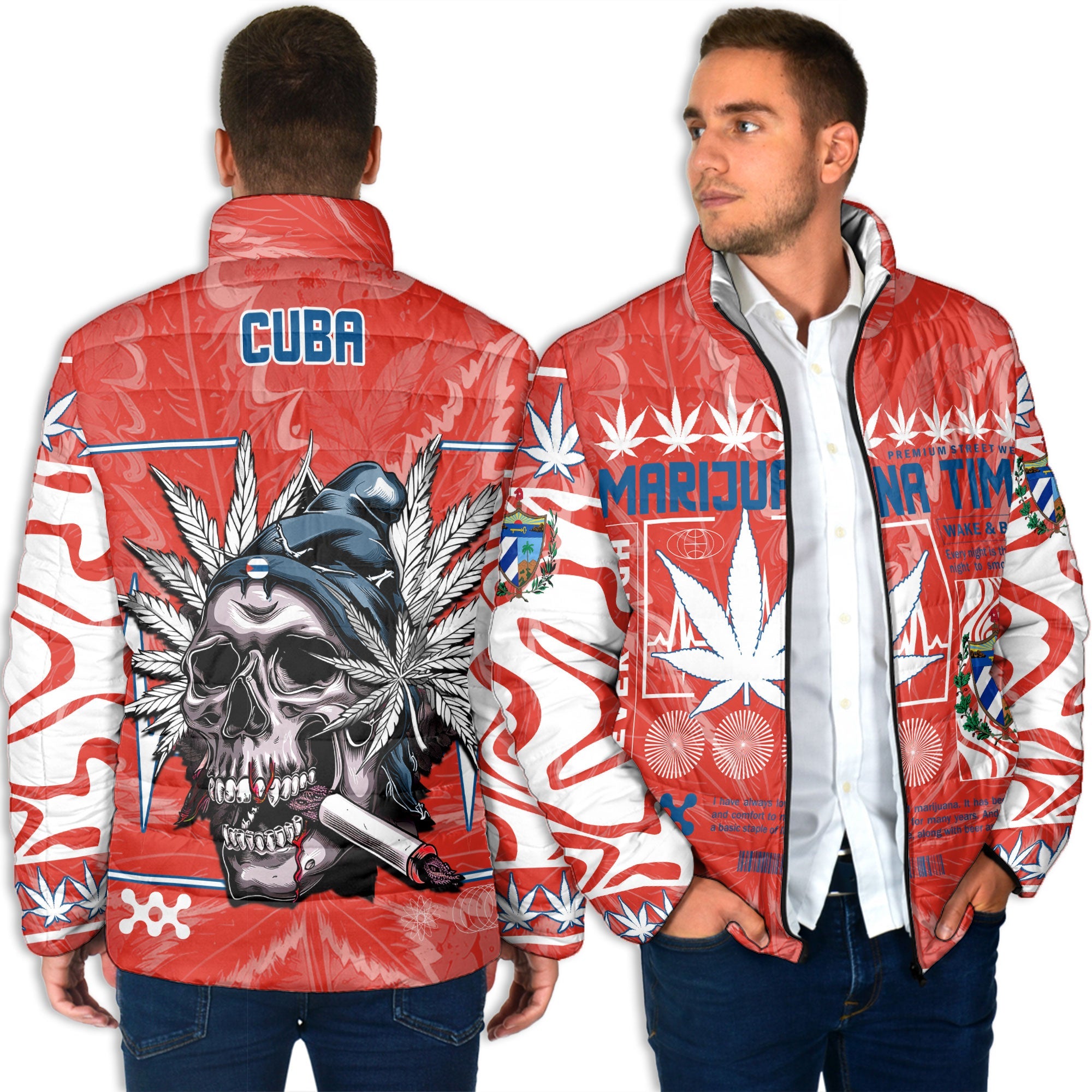 Cuba Men Padded Jacket Flag & Coat Of Arms Marijuanas Style