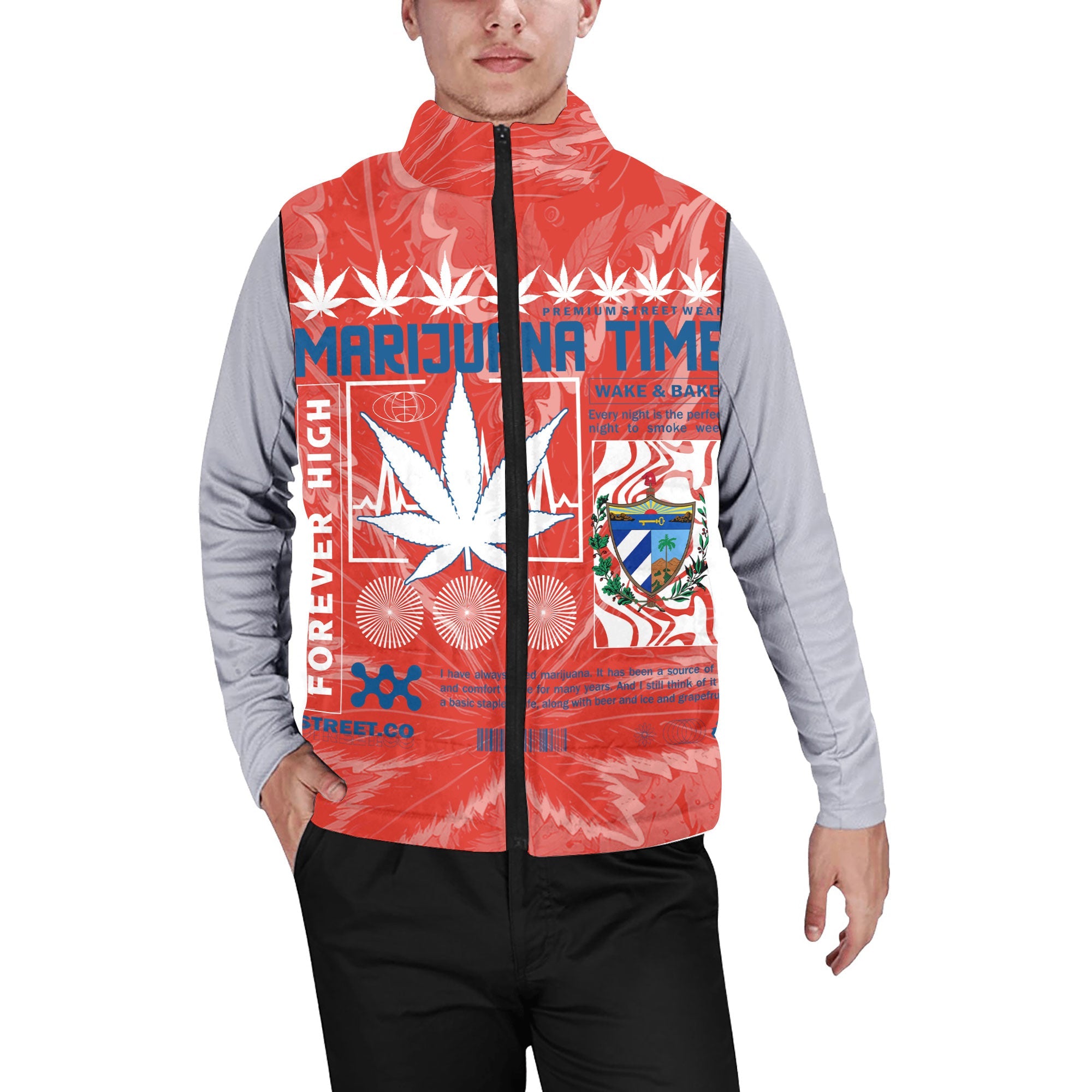 Cuba Men Padded Jacket Vest Flag & Coat Of Arms Marijuanas Style