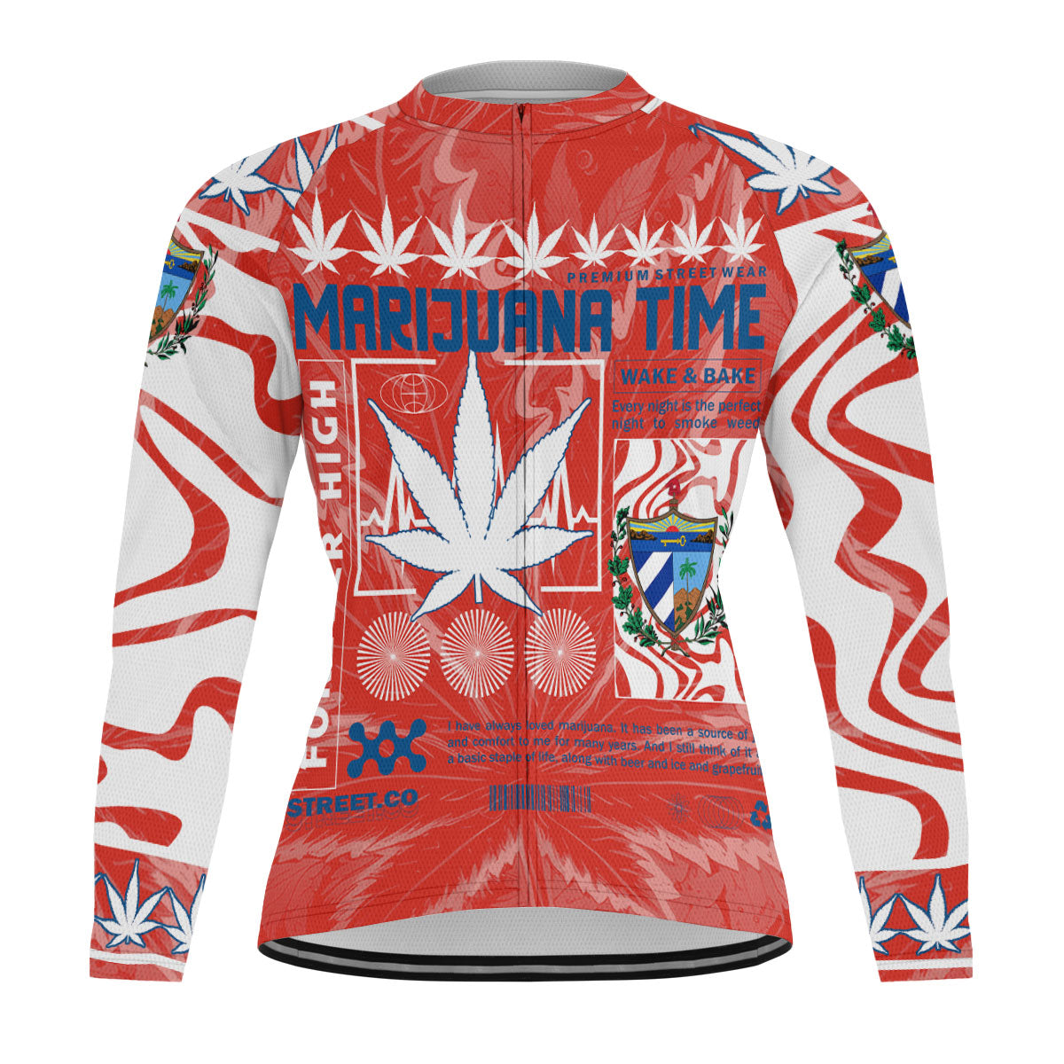 Cuba Men's Cycling Jersey Long Sleeve Flag & Coat Of Arms Marijuanas Style