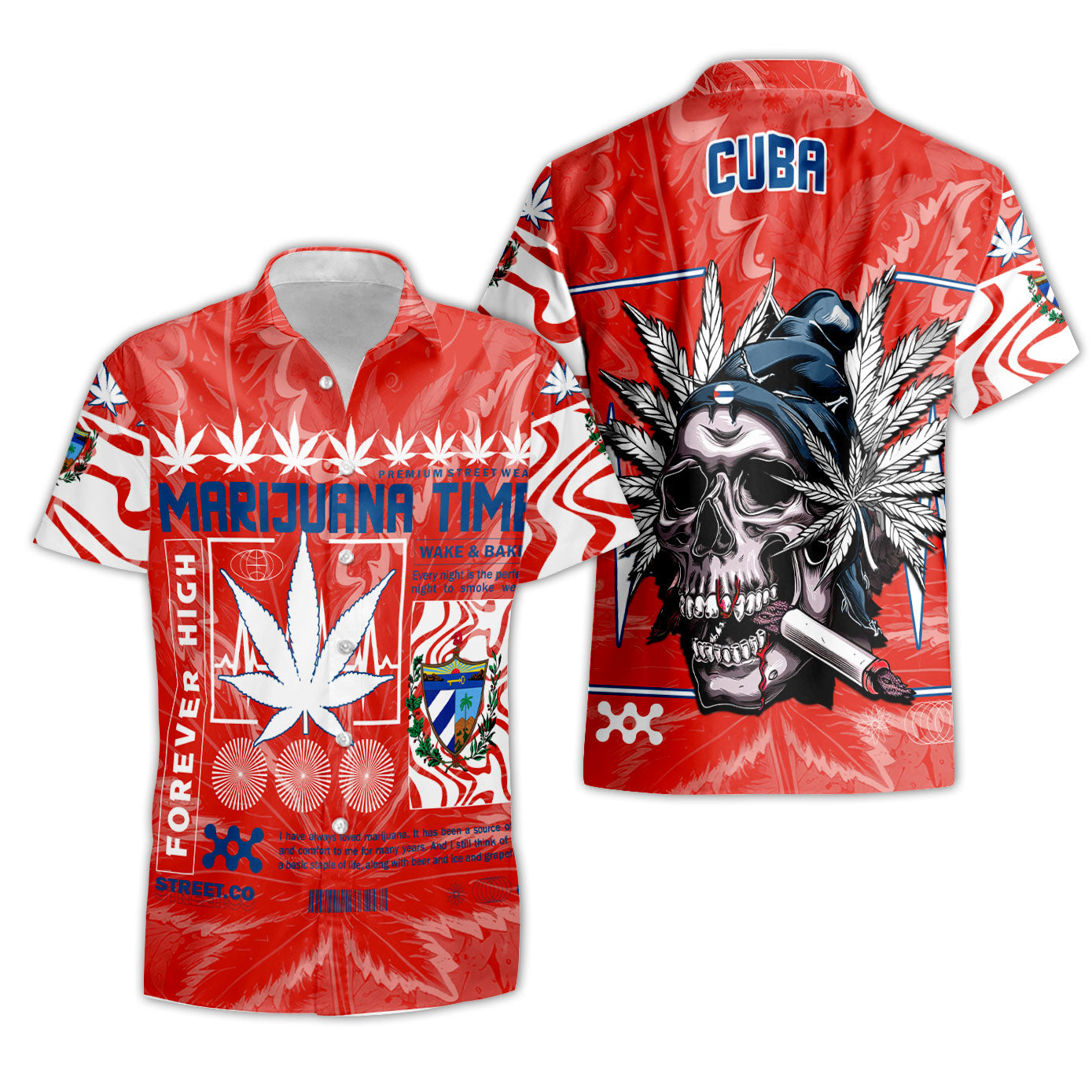 Cuba Short Sleeve Shirt Flag & Coat Of Arms Marijuanas Style