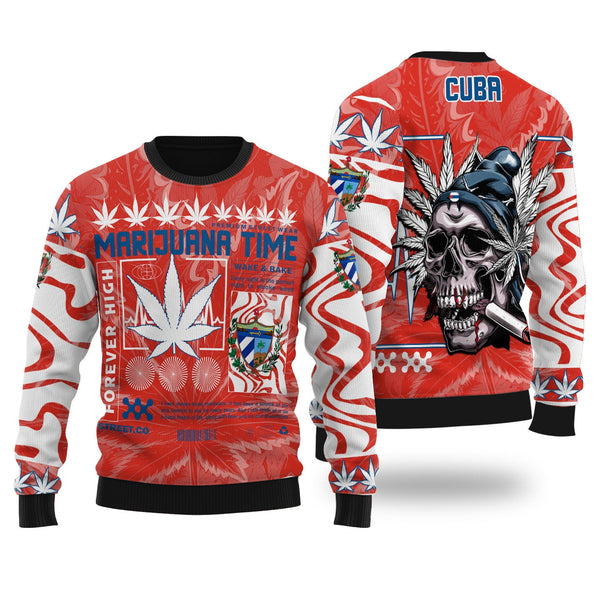 Cuba Ugly Sweater Flag & Coat Of Arms Marijuanas Style