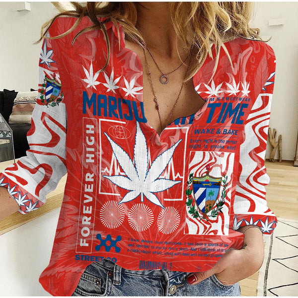 Cuba Women Casual Shirt Flag & Coat Of Arms Marijuanas Style