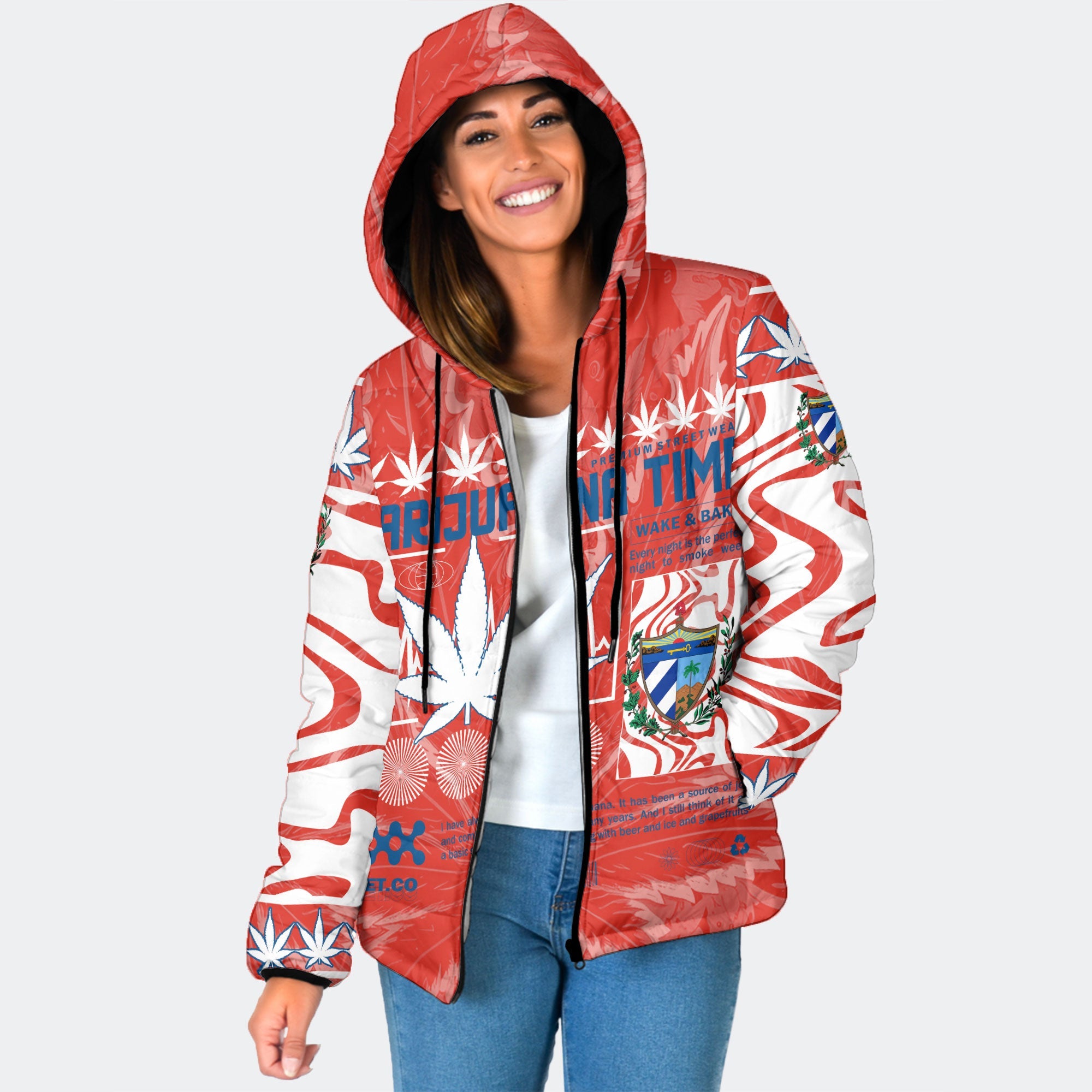 Cuba Women Hooded Padded Jacket Flag & Coat Of Arms Marijuanas Style