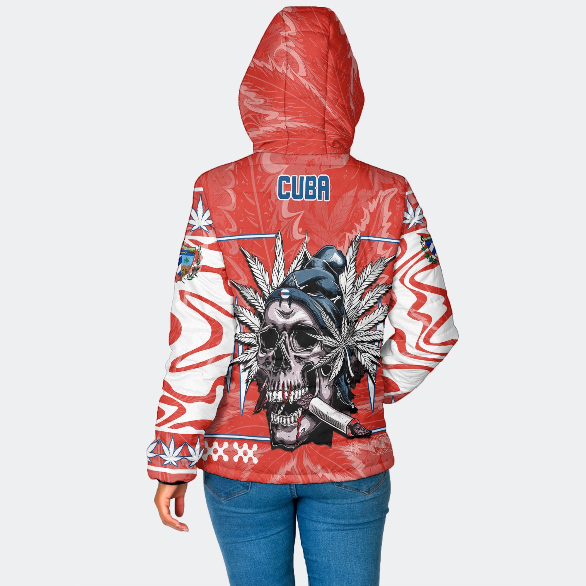 Cuba Women Hooded Padded Jacket Flag & Coat Of Arms Marijuanas Style