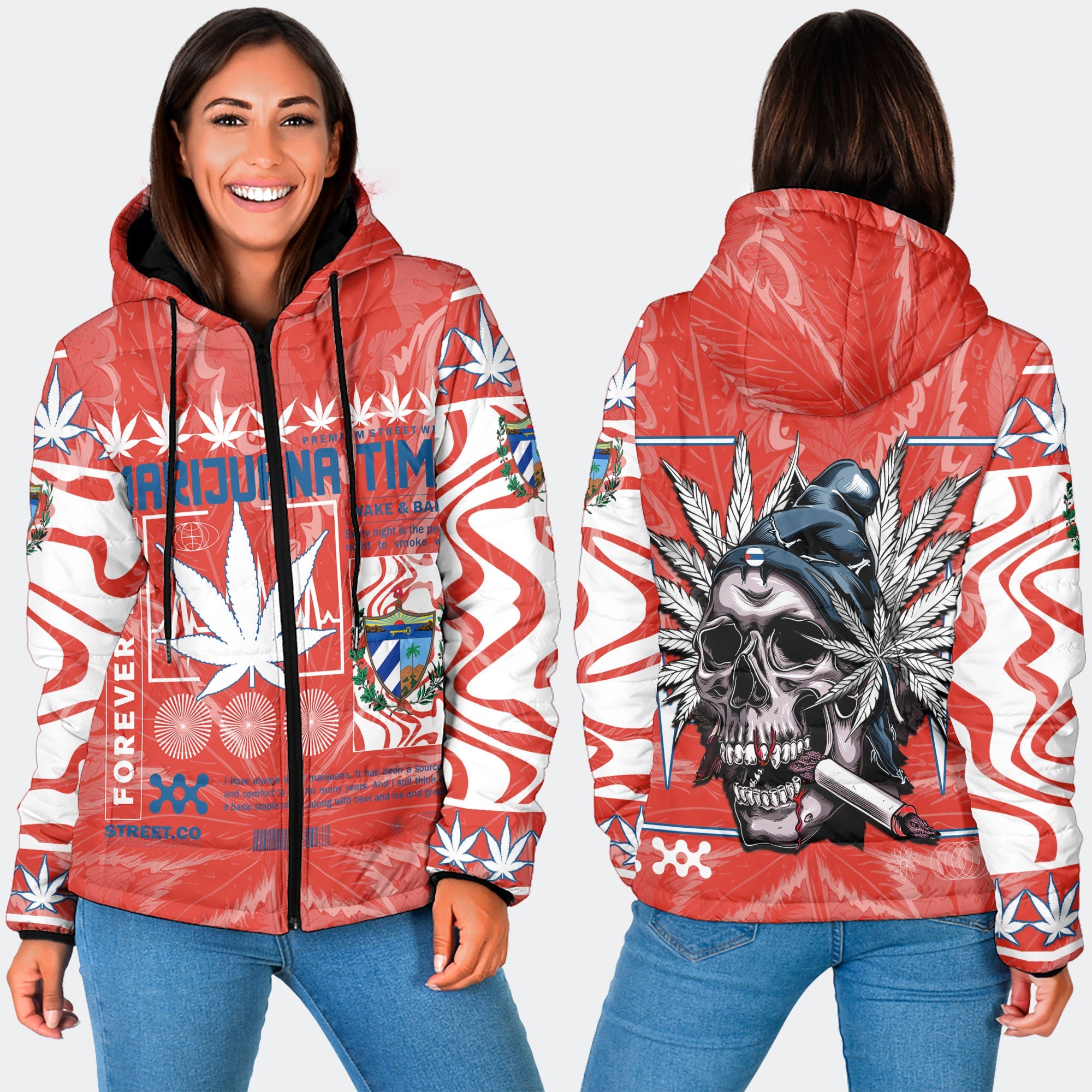 Cuba Women Hooded Padded Jacket Flag & Coat Of Arms Marijuanas Style