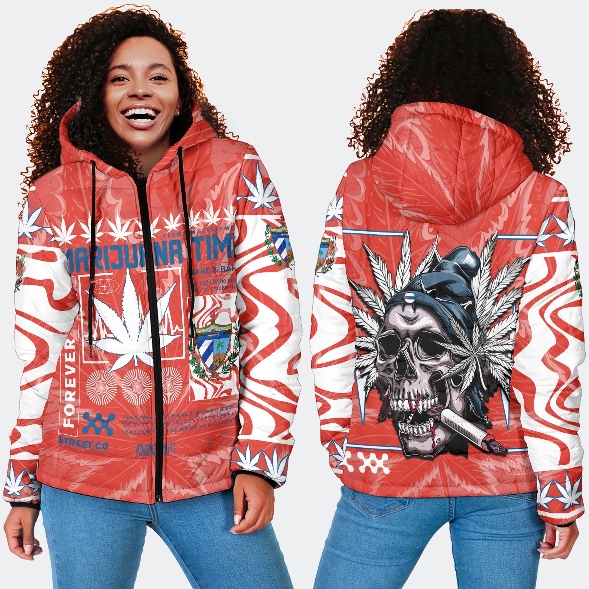 Cuba Women Hooded Padded Jacket Flag & Coat Of Arms Marijuanas Style