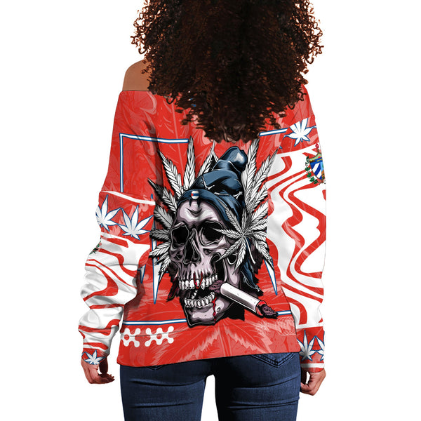 Cuba Women Off Shoulder Sweatshirt Flag & Coat Of Arms Marijuanas Style