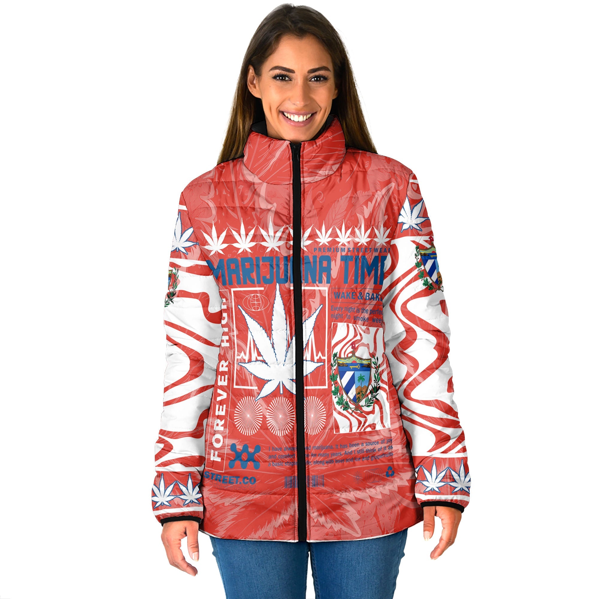 Cuba Women Padded Jacket Flag & Coat Of Arms Marijuanas Style