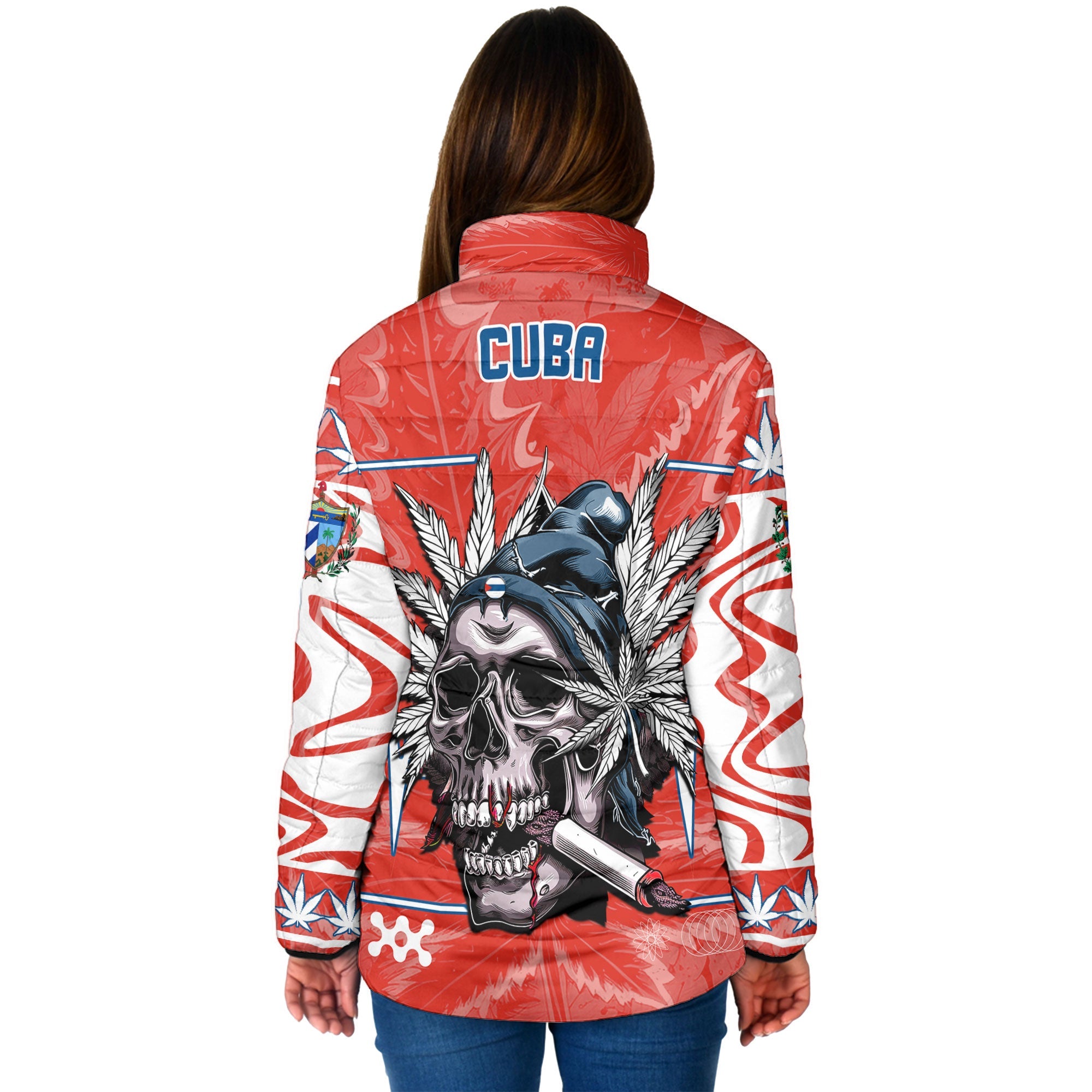 Cuba Women Padded Jacket Flag & Coat Of Arms Marijuanas Style