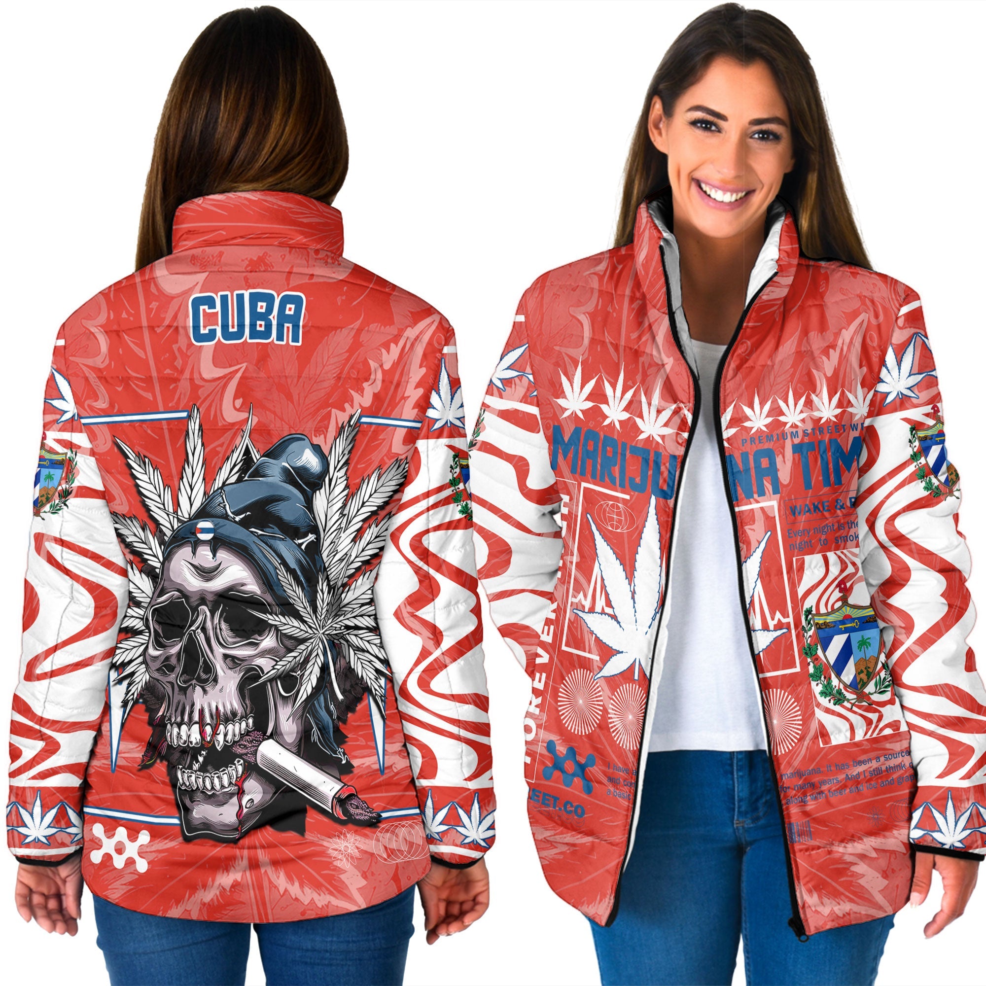 Cuba Women Padded Jacket Flag & Coat Of Arms Marijuanas Style