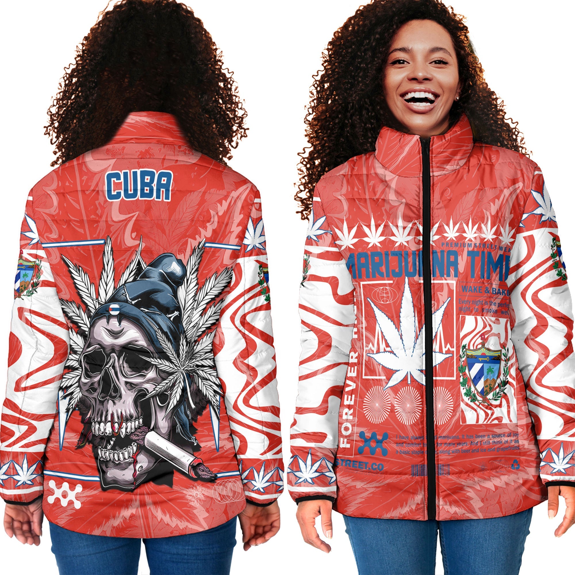 Cuba Women Padded Jacket Flag & Coat Of Arms Marijuanas Style