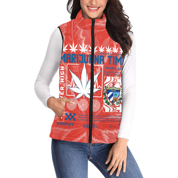 Cuba Women Padded Jacket Vest Flag & Coat Of Arms Marijuanas Style