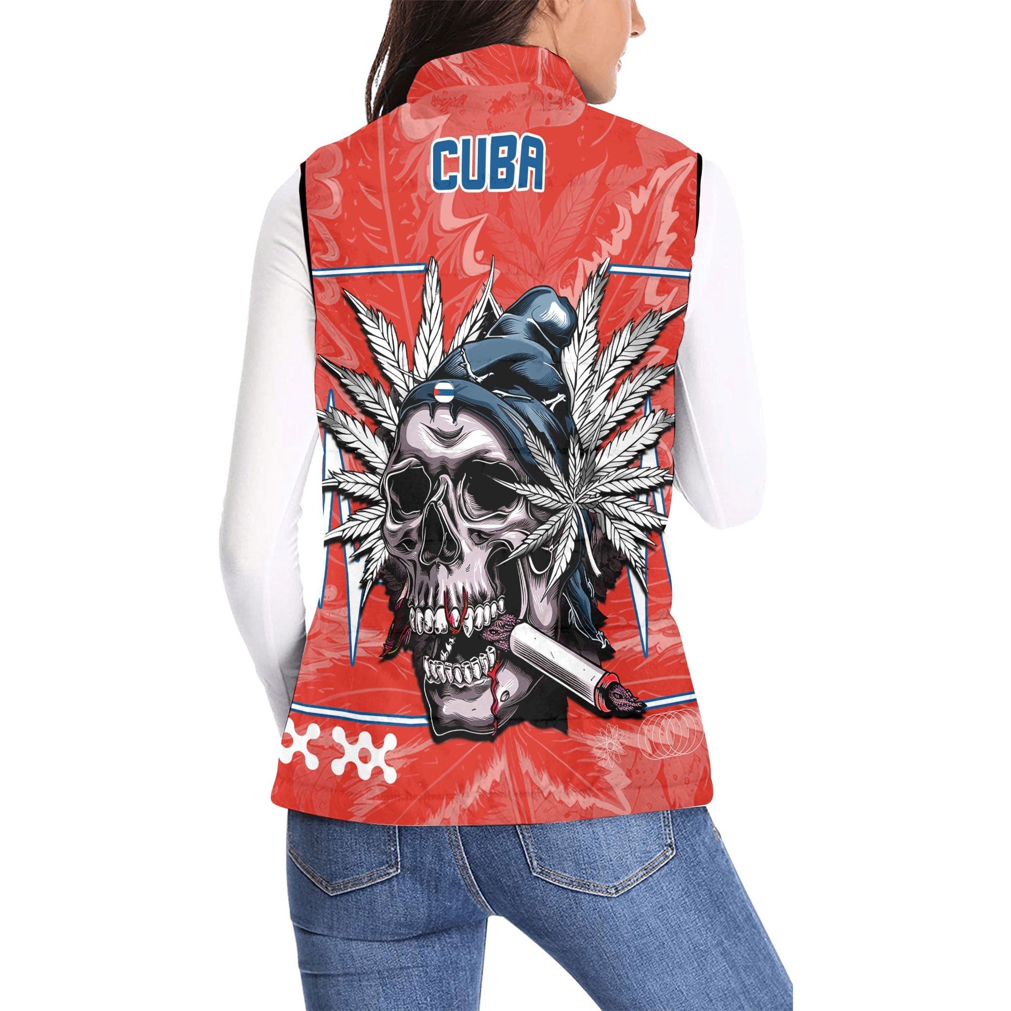 Cuba Women Padded Jacket Vest Flag & Coat Of Arms Marijuanas Style