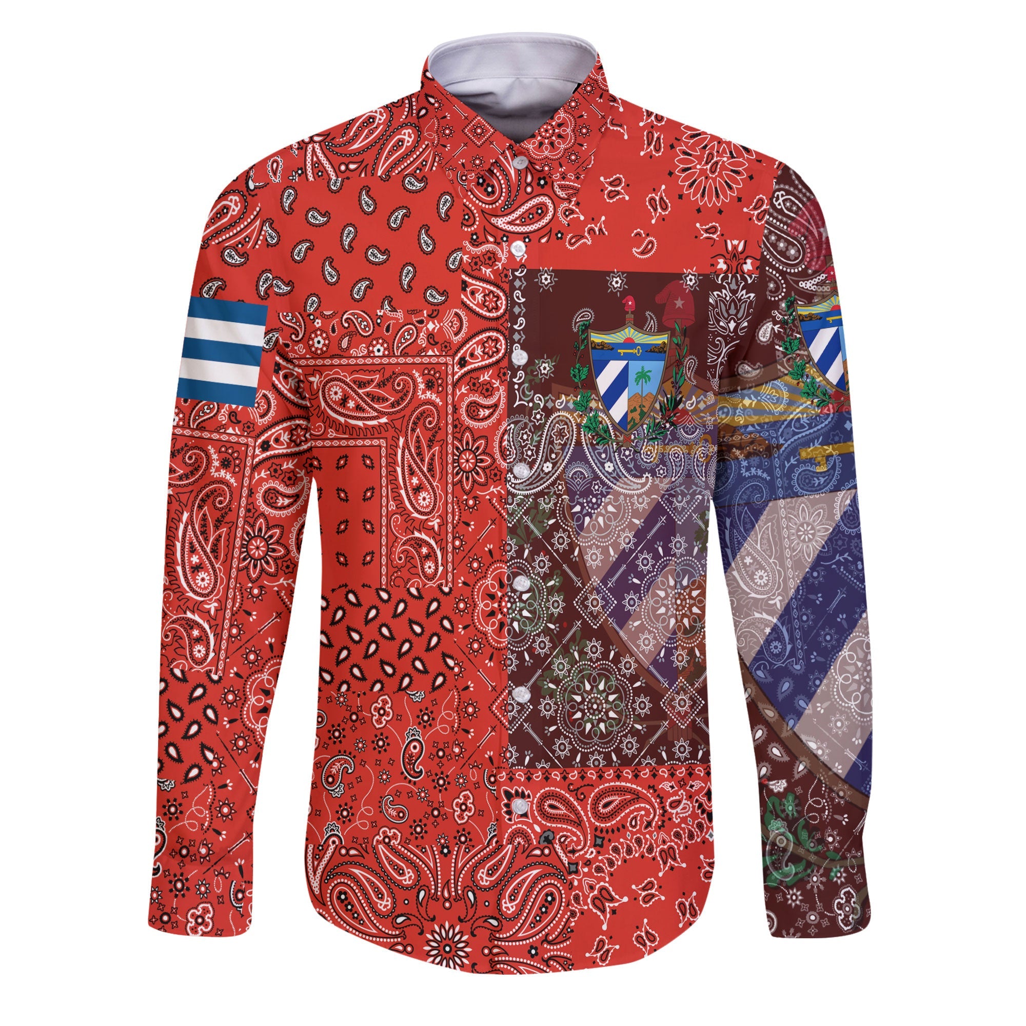 Cuba Long Sleeve Button Shirt Paisley Flag And Skull Style 1