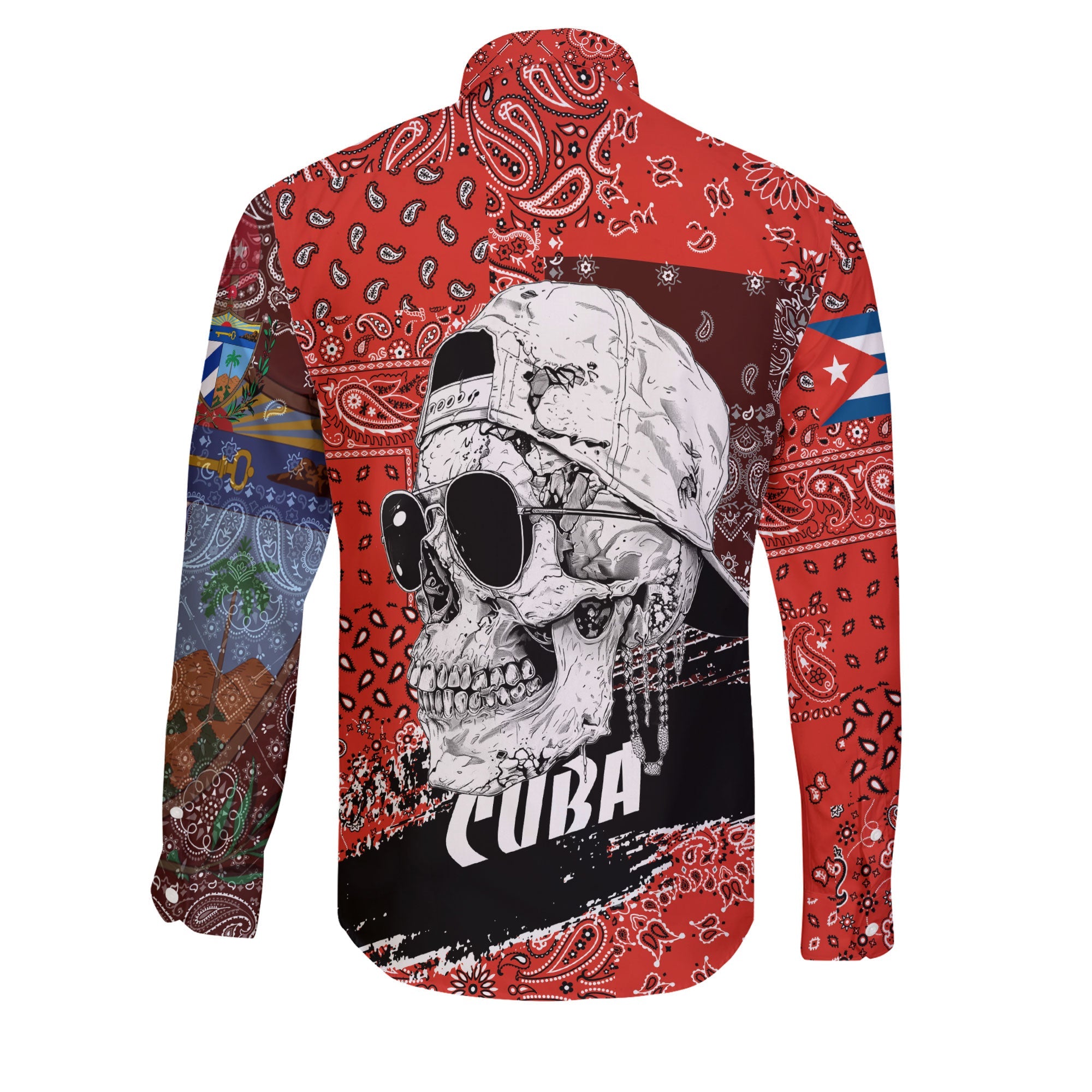 Cuba Long Sleeve Button Shirt Paisley Flag And Skull Style 2