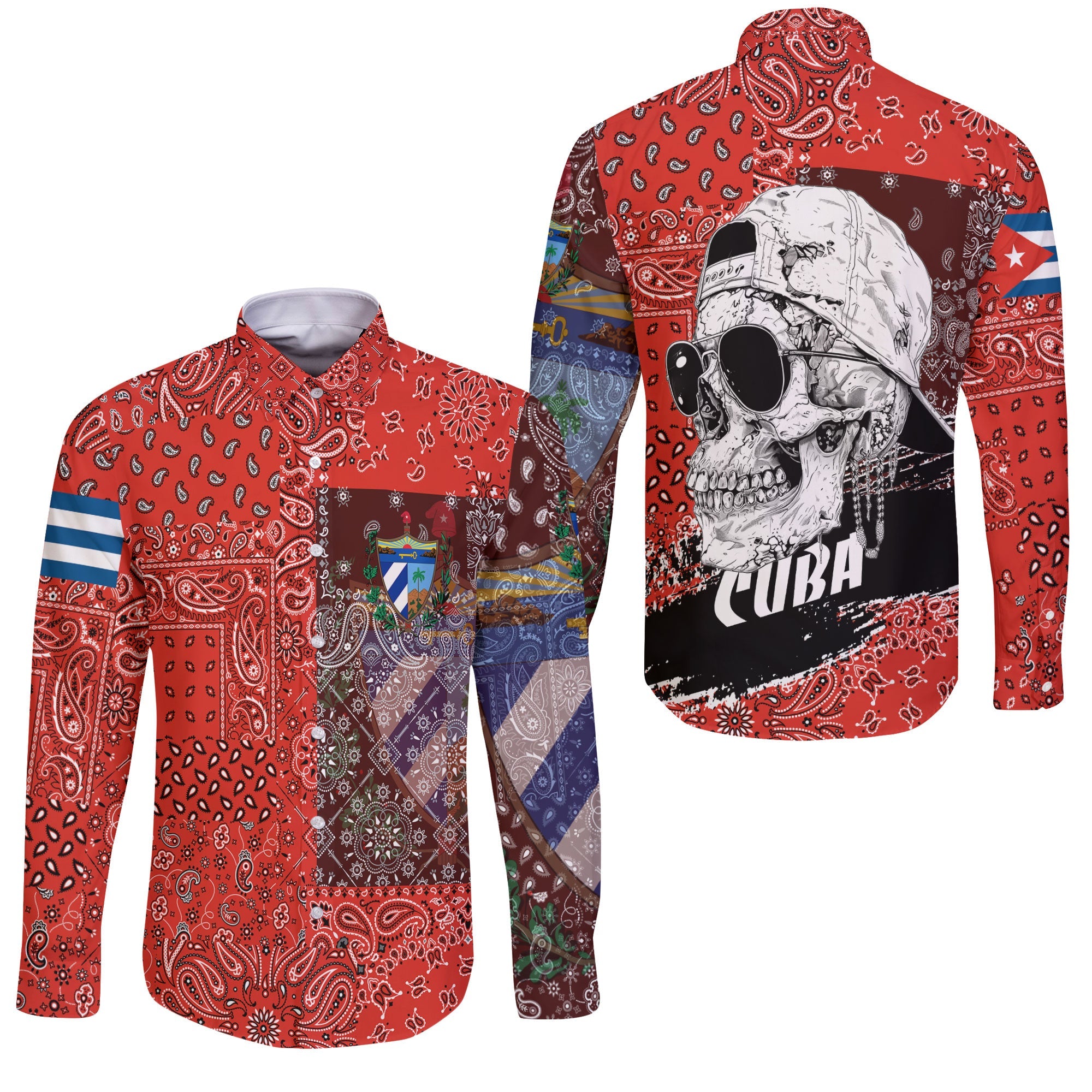 Cuba Long Sleeve Button Shirt Paisley Flag And Skull Style 3