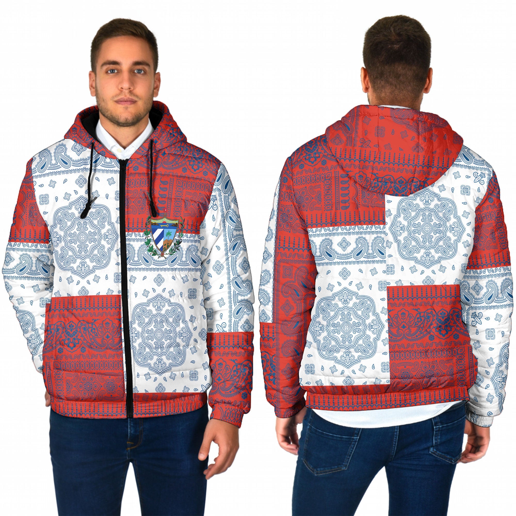 Cuba Men Hooded Padded Jacket Flag And Paisley Basic Style 1