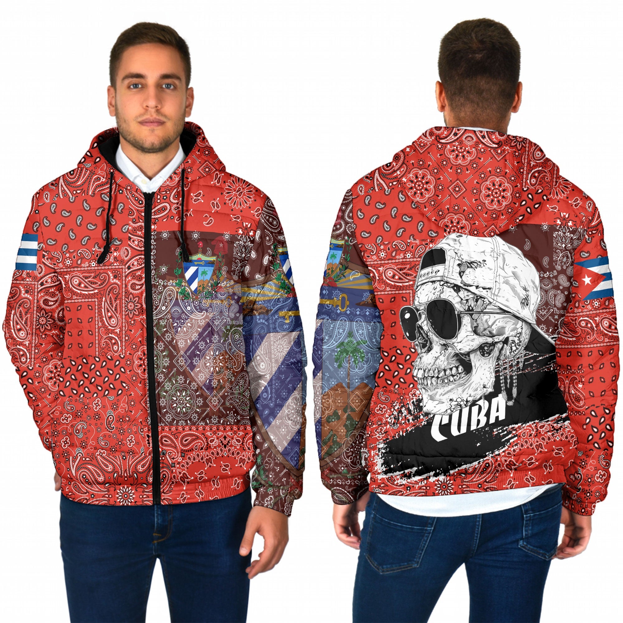 Cuba Men Hooded Padded Jacket Paisley Flag And Skull Style 1