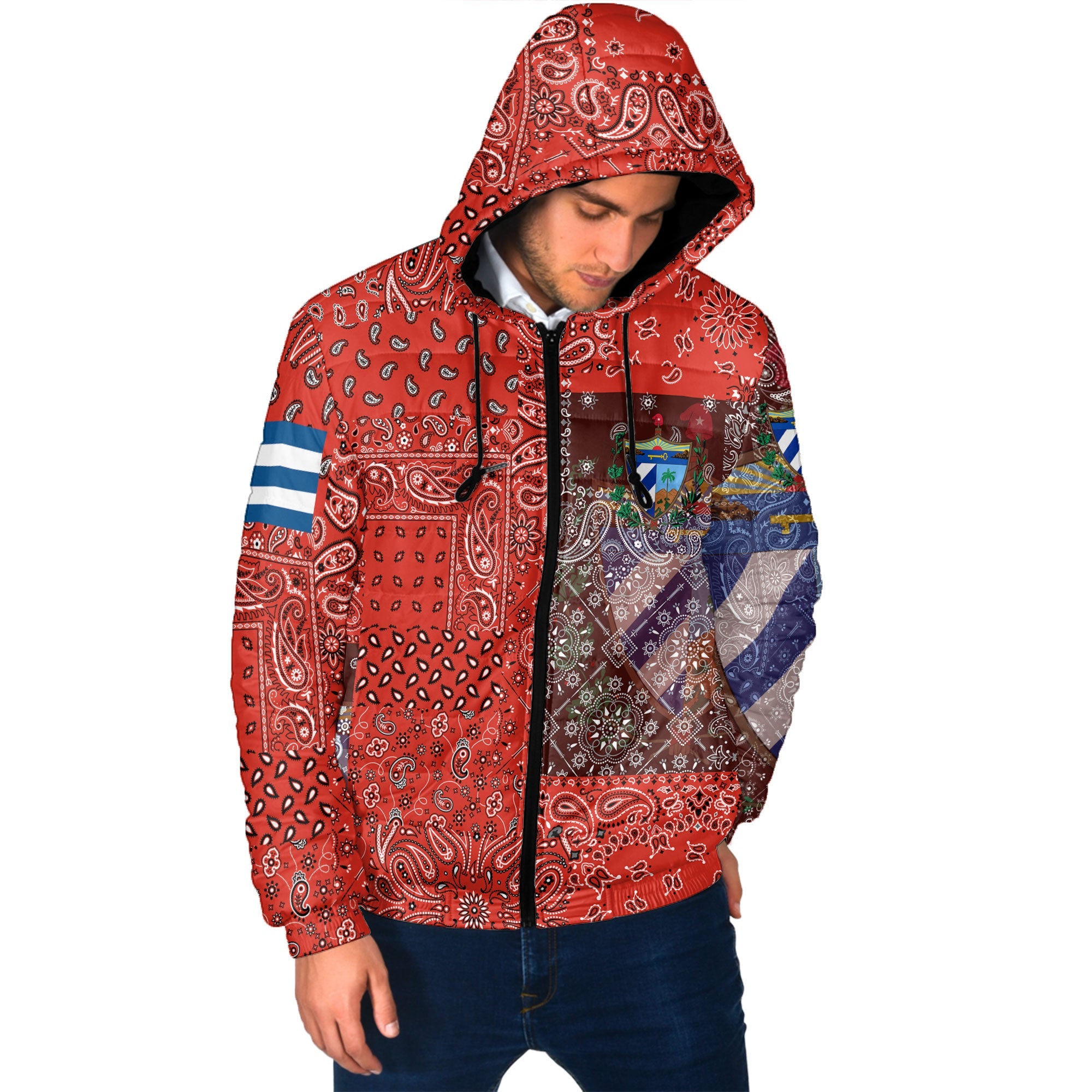 Cuba Men Hooded Padded Jacket Paisley Flag And Skull Style 2