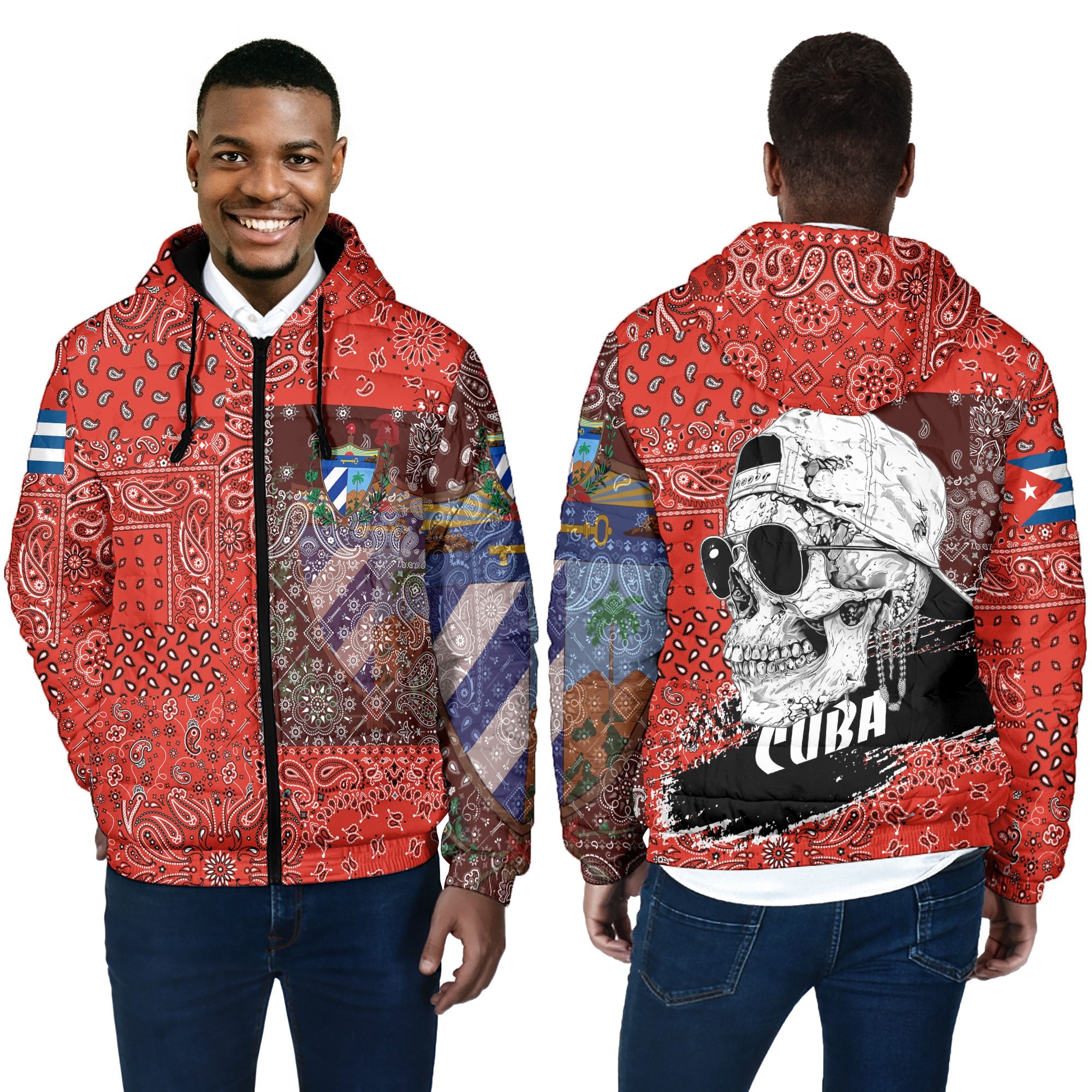 Cuba Men Hooded Padded Jacket Paisley Flag And Skull Style 4