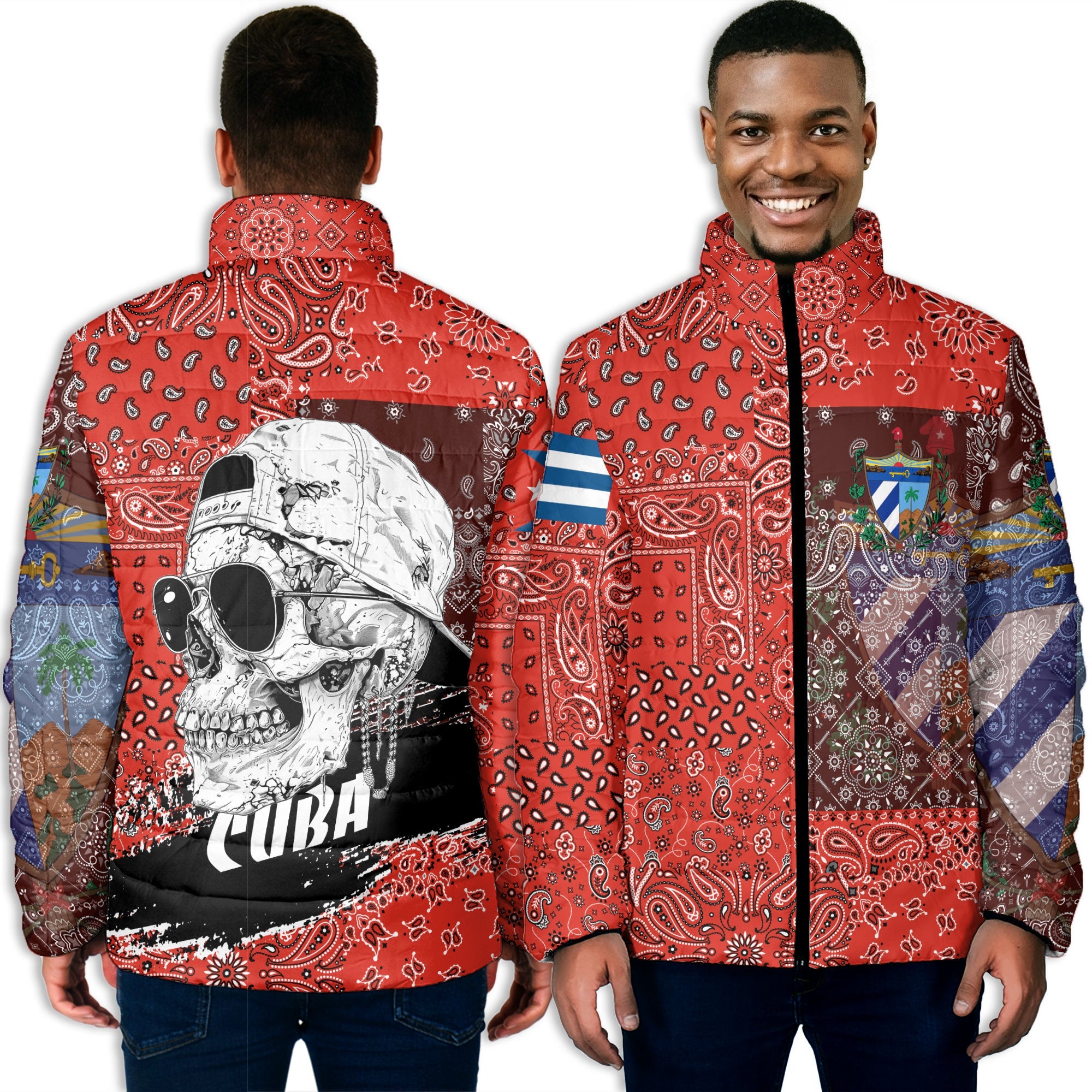 Cuba Men Padded Jacket Paisley Flag And Skull Style 3