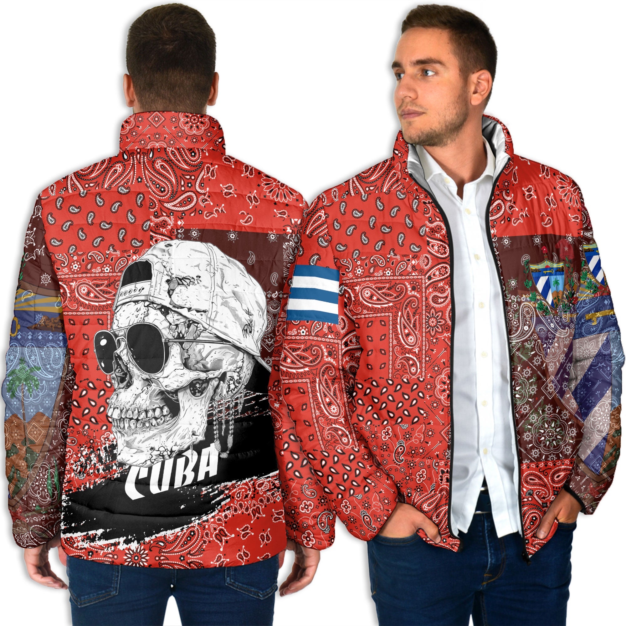 Cuba Men Padded Jacket Paisley Flag And Skull Style 4