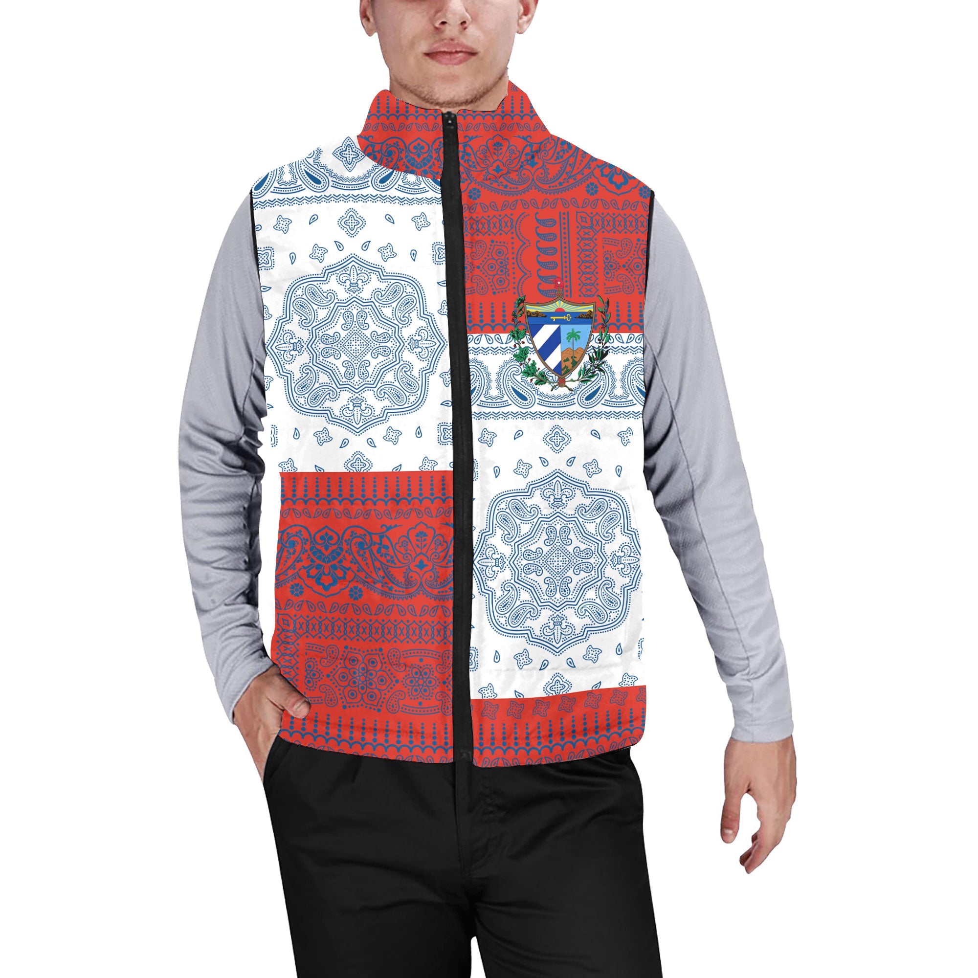 Cuba Men Padded Jacket Vest Flag And Paisley Basic Style 1