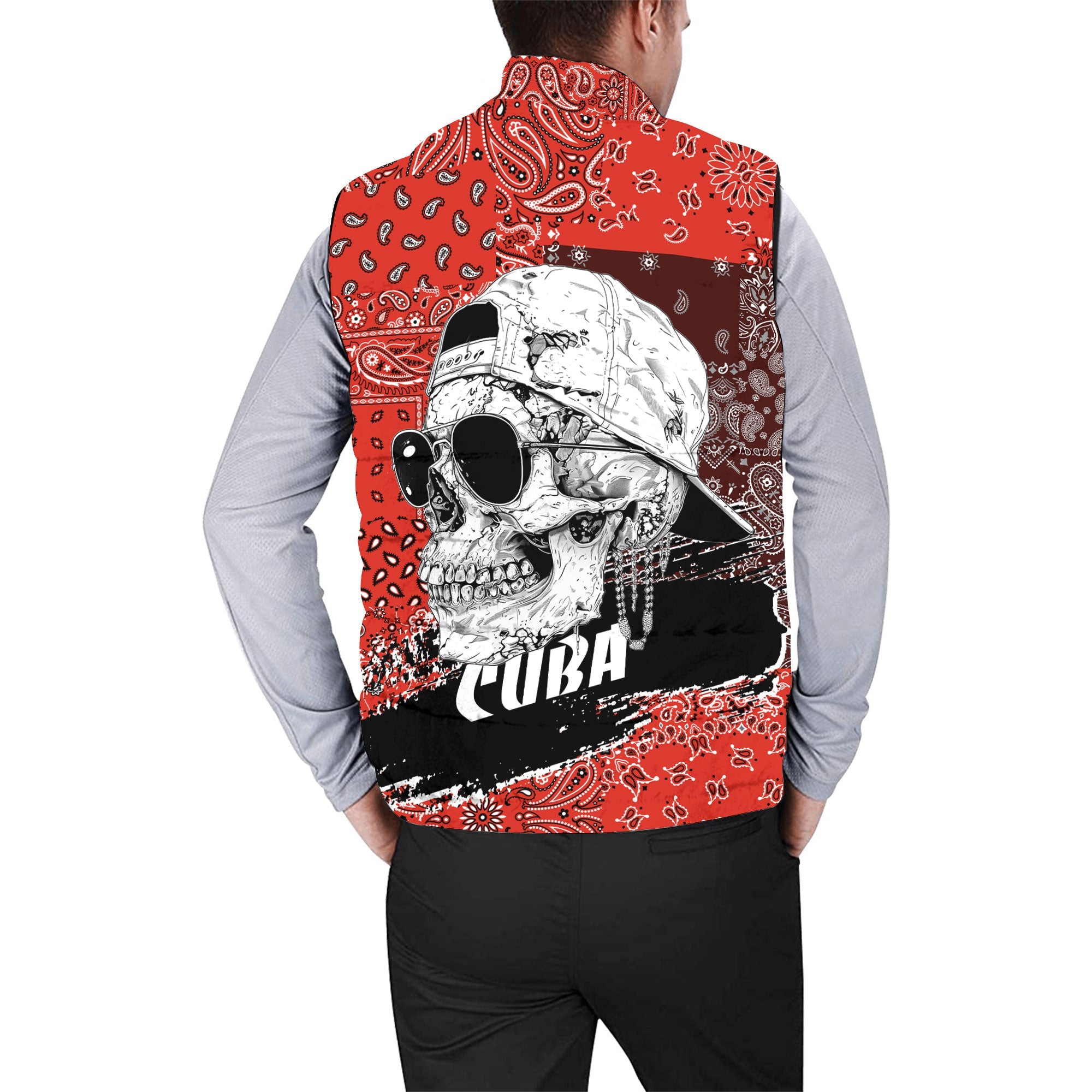 Cuba Men Padded Jacket Vest Paisley Flag And Skull Style 2