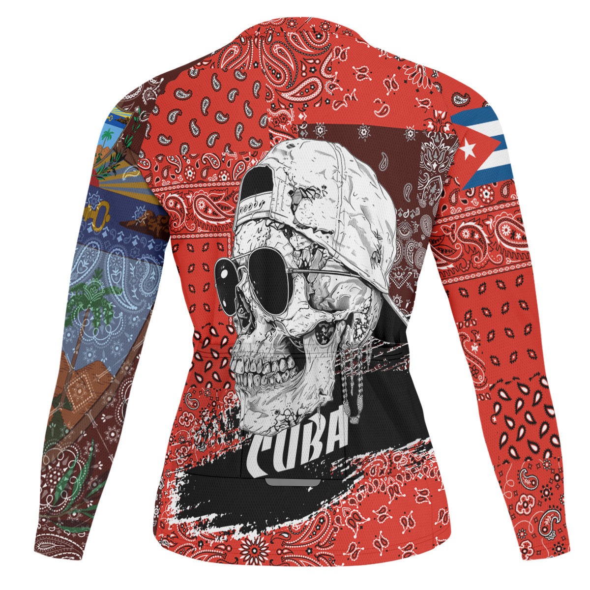 Cuba Raglan Men Cycling Jersey Long Sleeve Paisley Flag And Skull Style 2