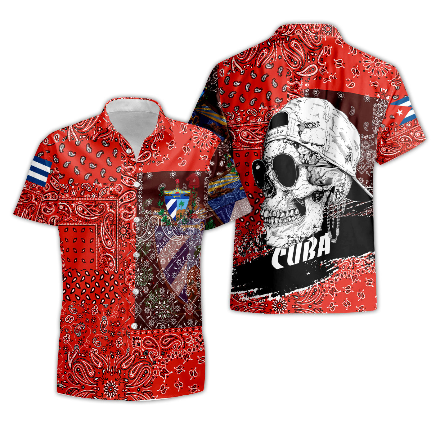 Cuba Short Sleeve Shirt Paisley Flag And Skull Style 3