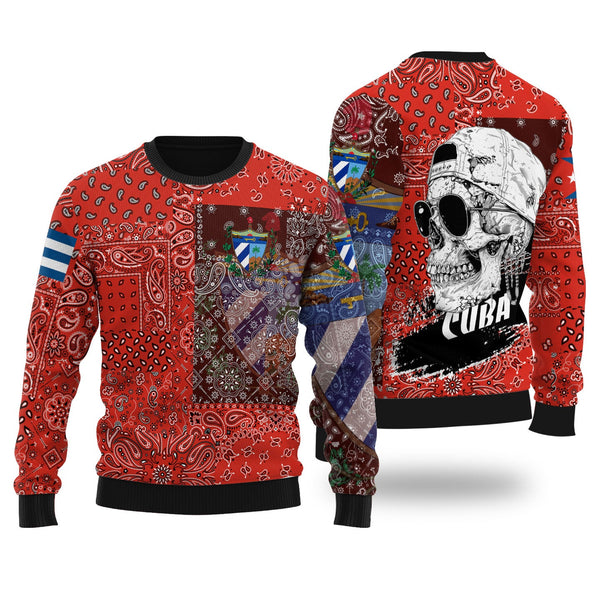 Cuba Ugly Sweater Paisley Flag And Skull Style 1