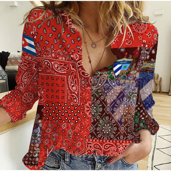 Cuba Women Casual Shirt Paisley Flag And Skull Style 1