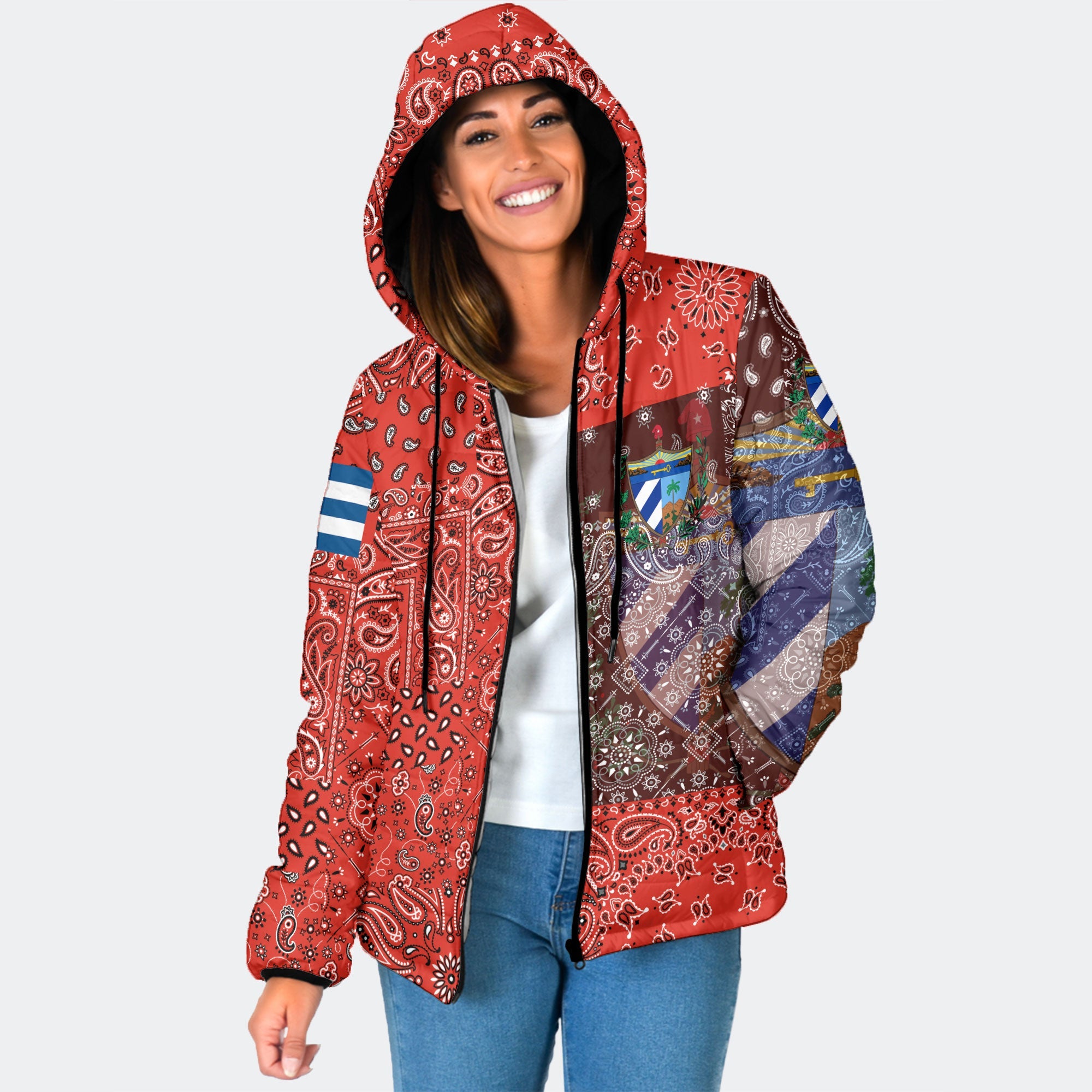 Cuba Women Hooded Padded Jacket Paisley Flag And Skull Style 1