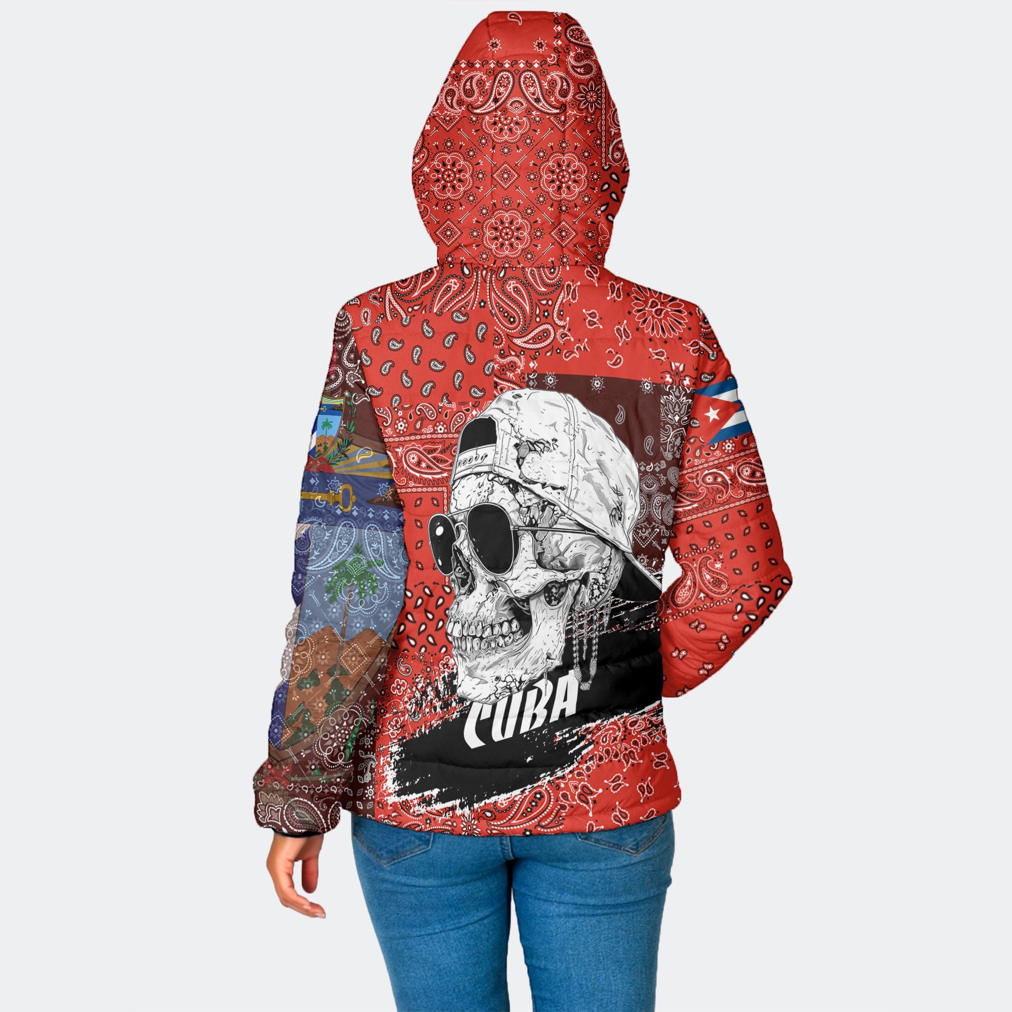 Cuba Women Hooded Padded Jacket Paisley Flag And Skull Style 2