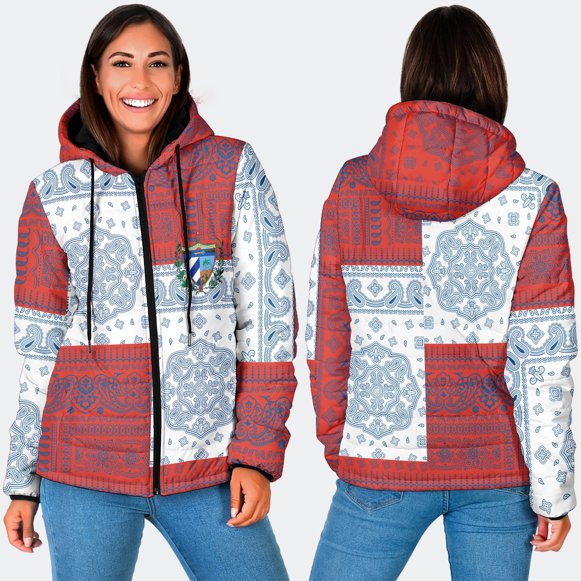 Cuba Women Hooded Padded Jacket Flag And Paisley Basic Style 3