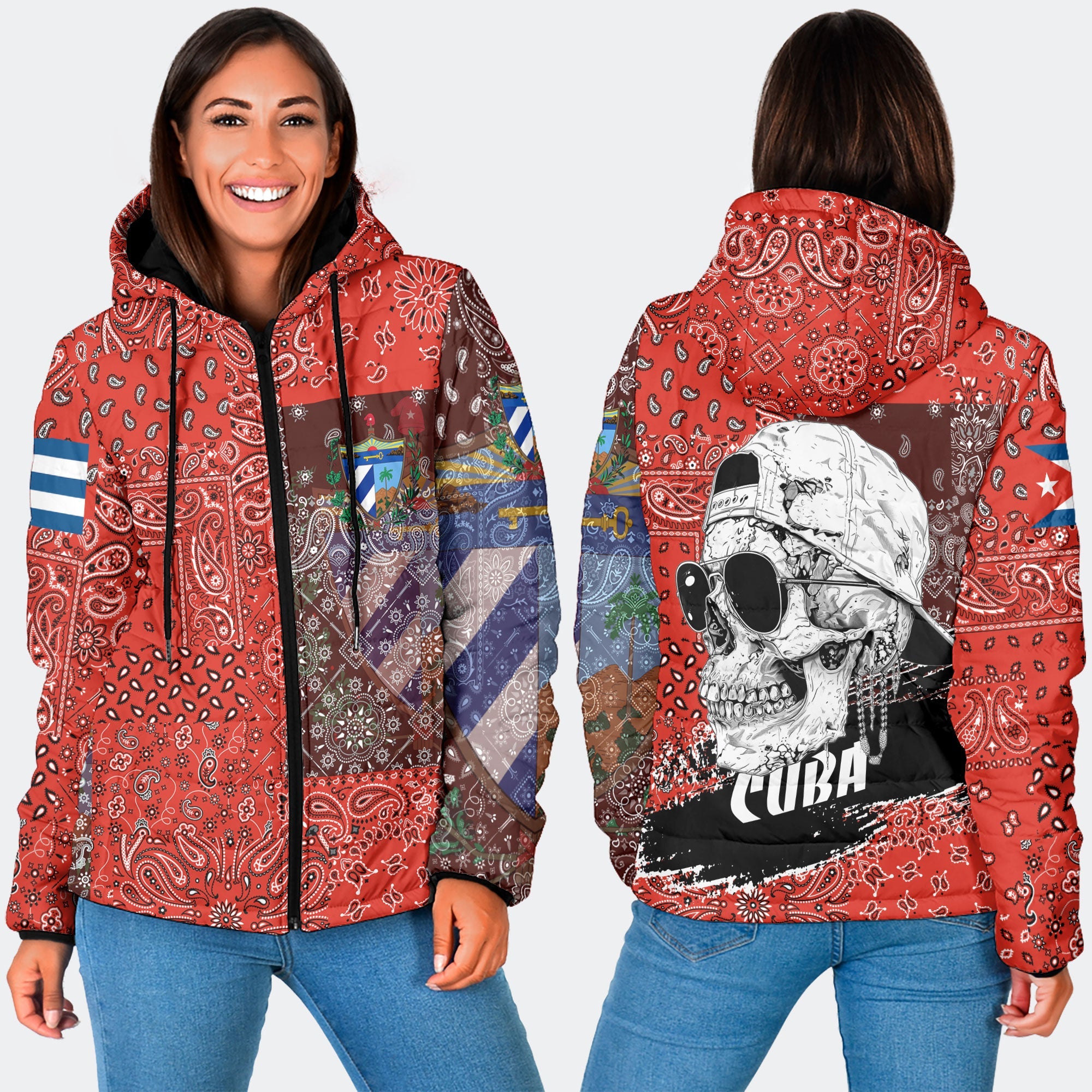 Cuba Women Hooded Padded Jacket Paisley Flag And Skull Style 3