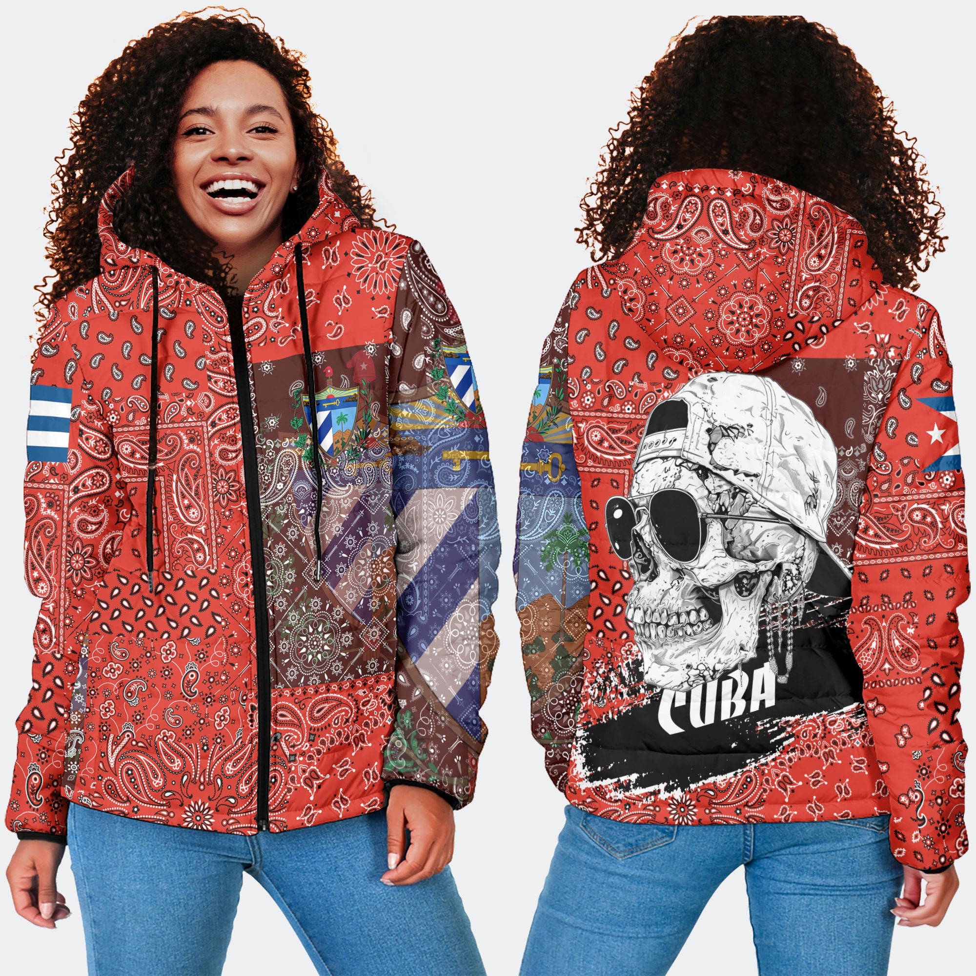 Cuba Women Hooded Padded Jacket Paisley Flag And Skull Style 4