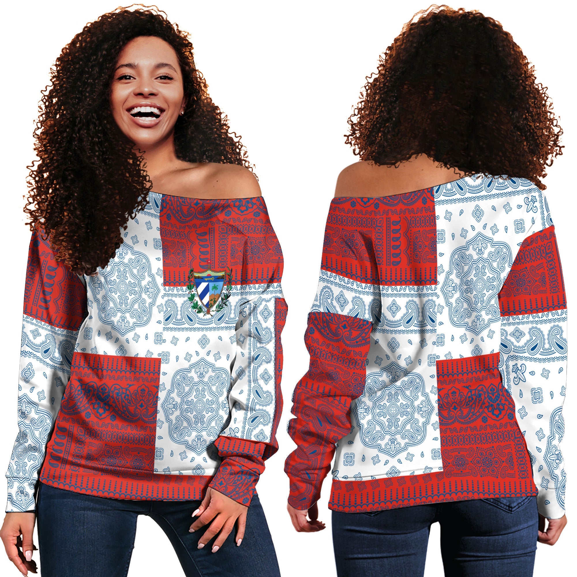 Cuba Women Off Shoulder Sweatshirt Flag And Paisley Basic Style 1