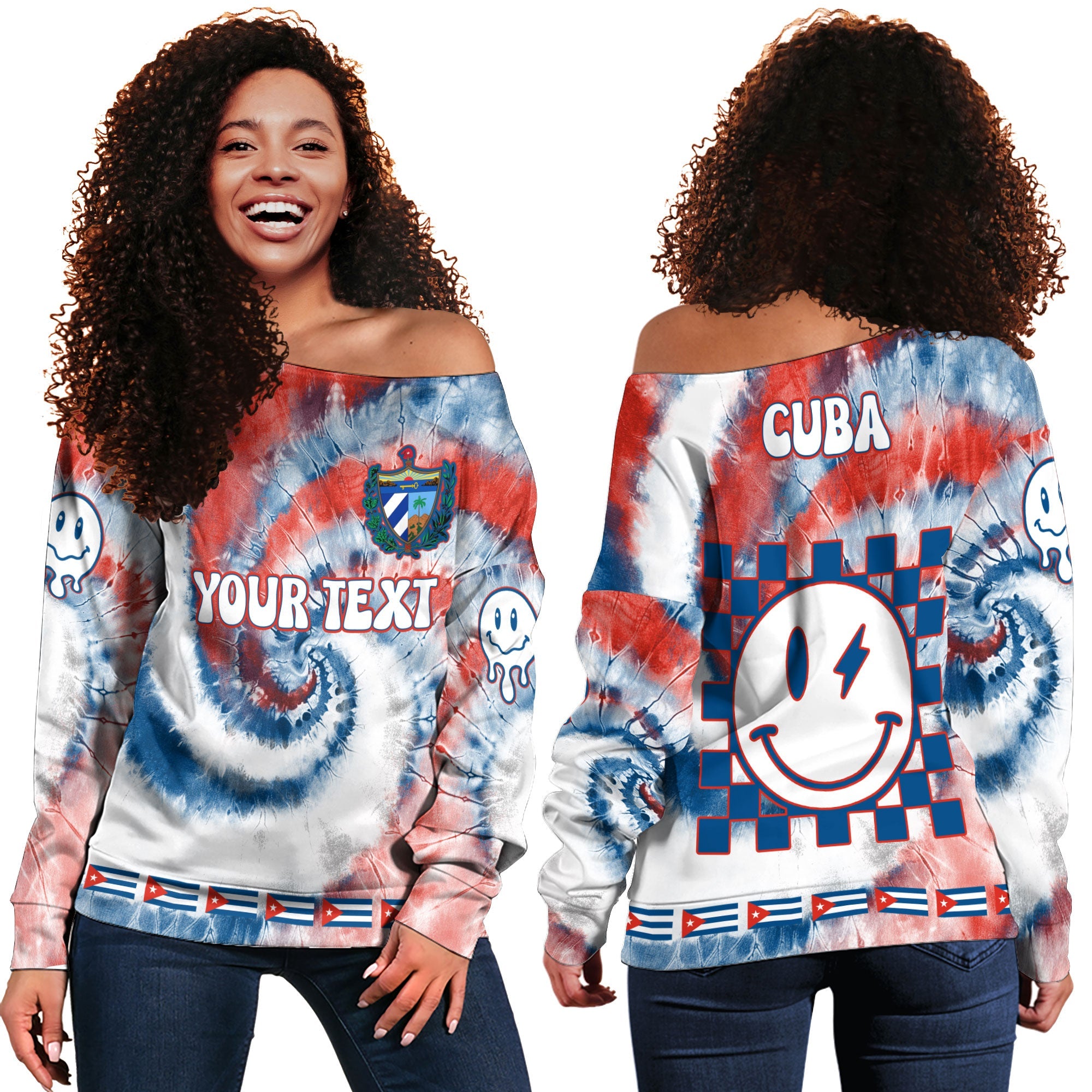 Cuba Women Off Shoulder Sweatshirt Custom Tie Dye Style 2