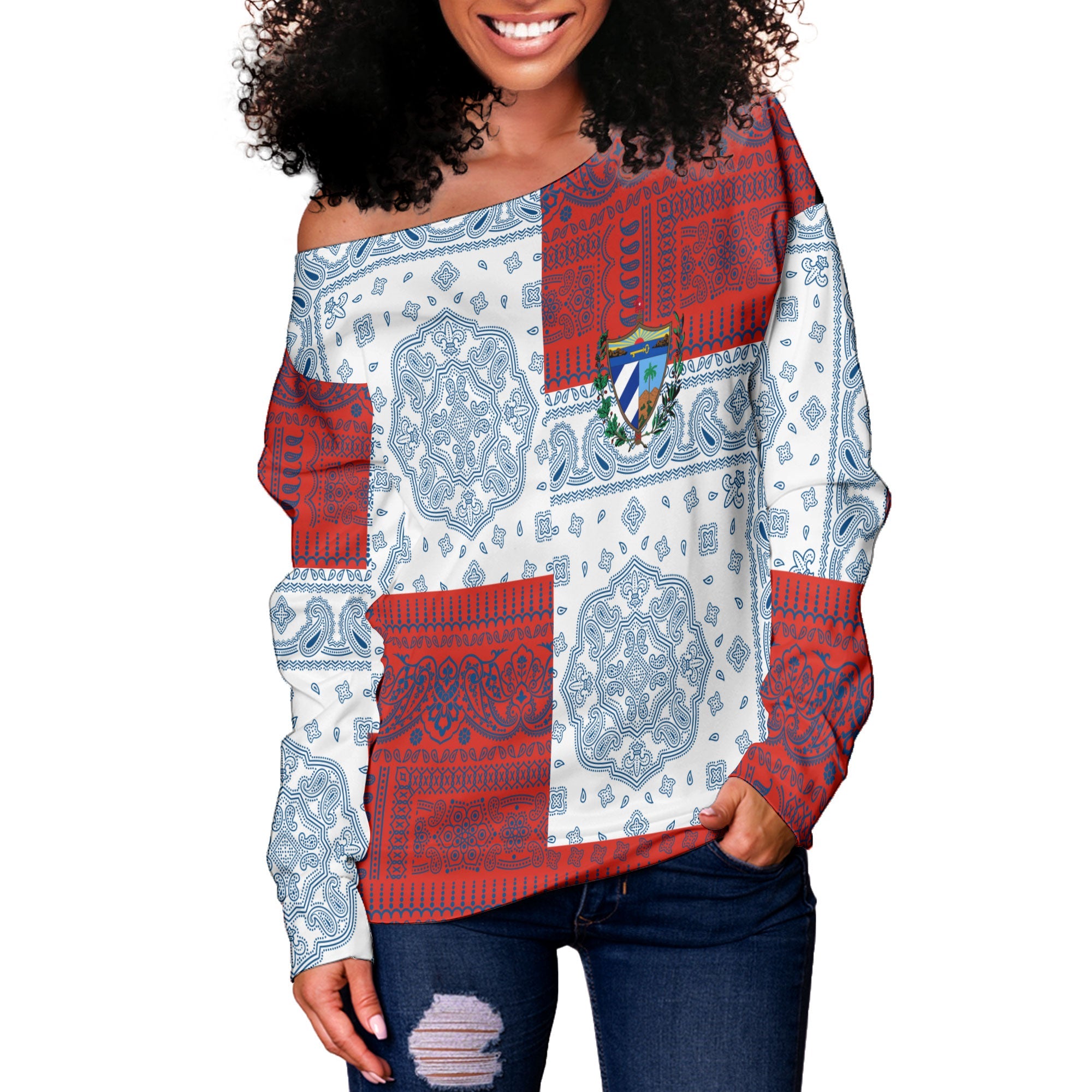 Cuba Women Off Shoulder Sweatshirt Flag And Paisley Basic Style 2