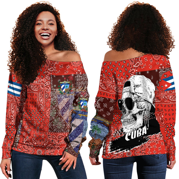 Cuba Women Off Shoulder Sweatshirt Paisley Flag And Skull Style 1