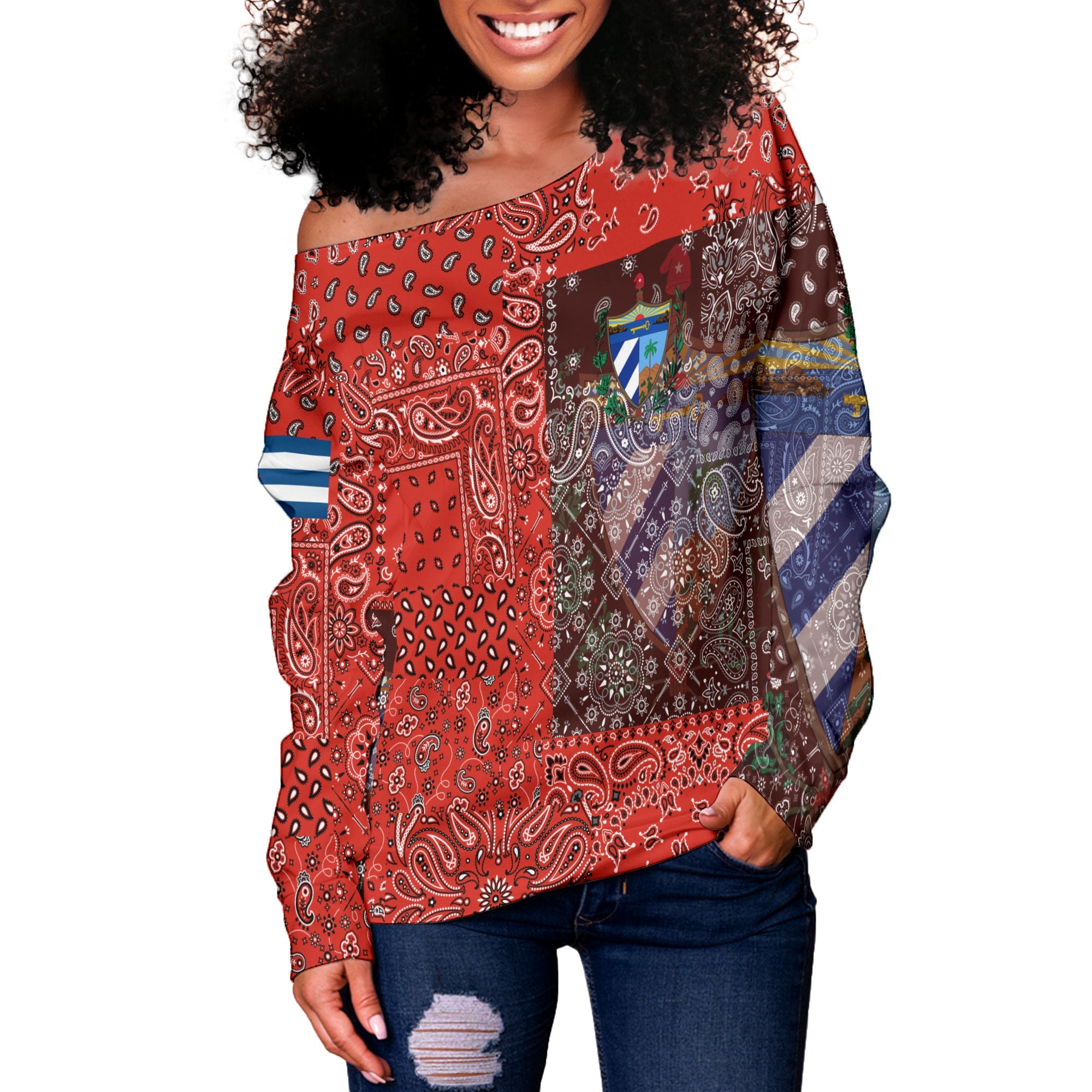 Cuba Women Off Shoulder Sweatshirt Paisley Flag And Skull Style 2