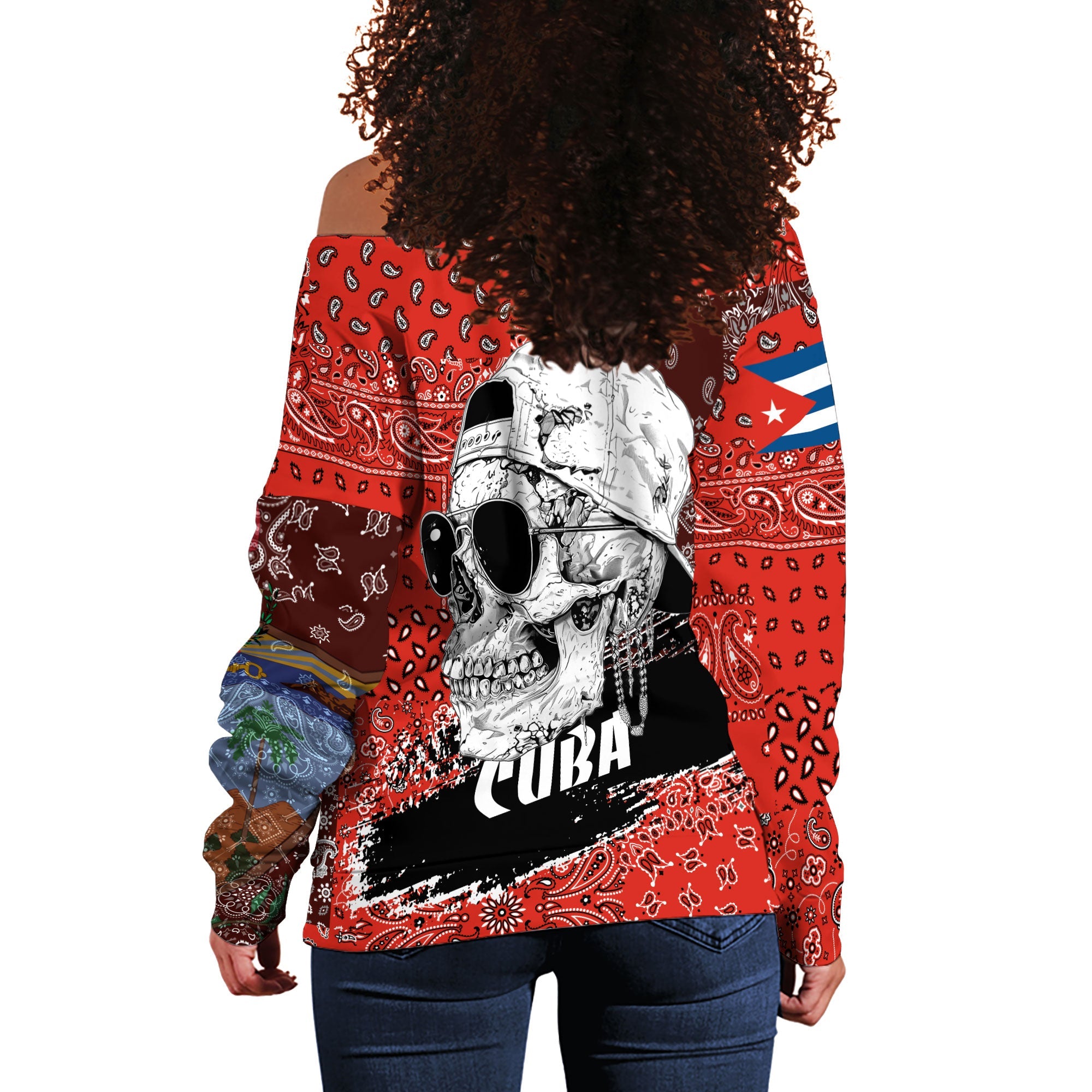 Cuba Women Off Shoulder Sweatshirt Paisley Flag And Skull Style 3