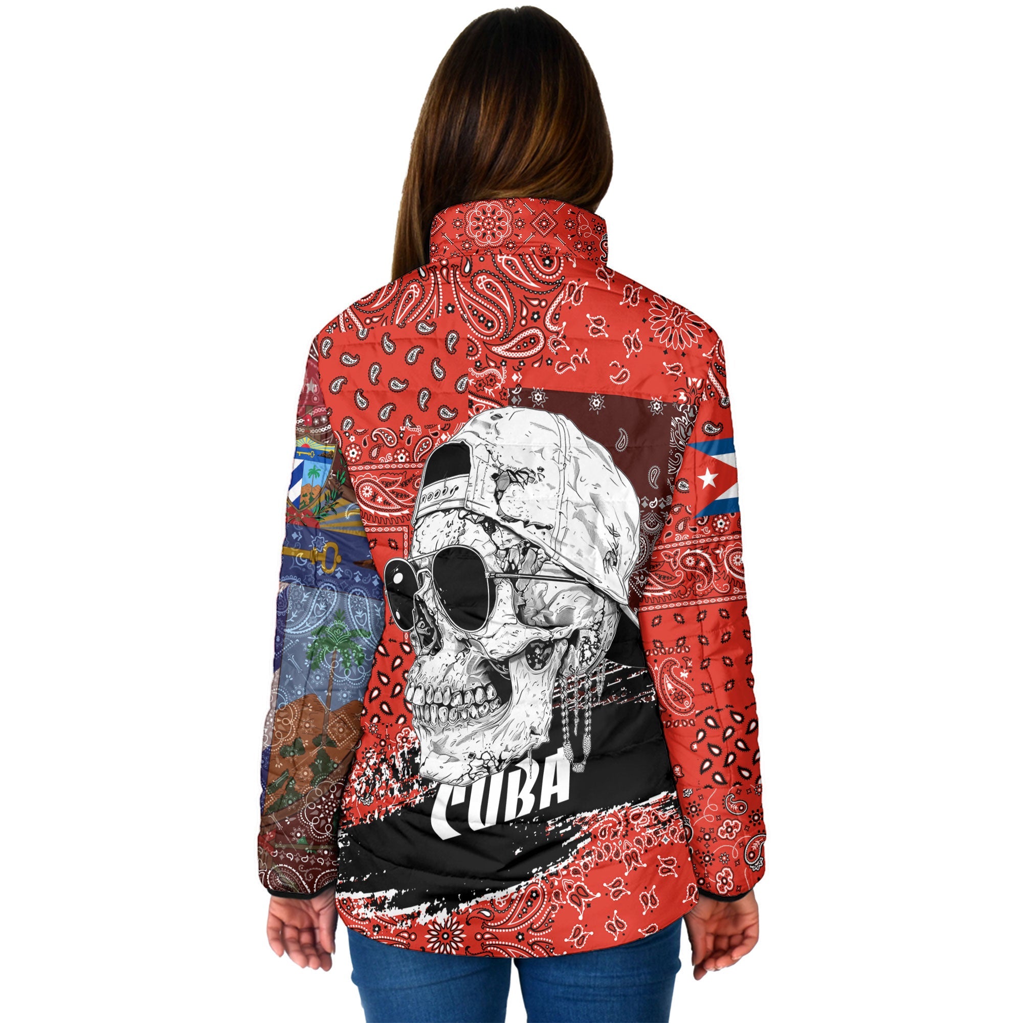 Cuba Women Padded Jacket Paisley Flag And Skull Style 2