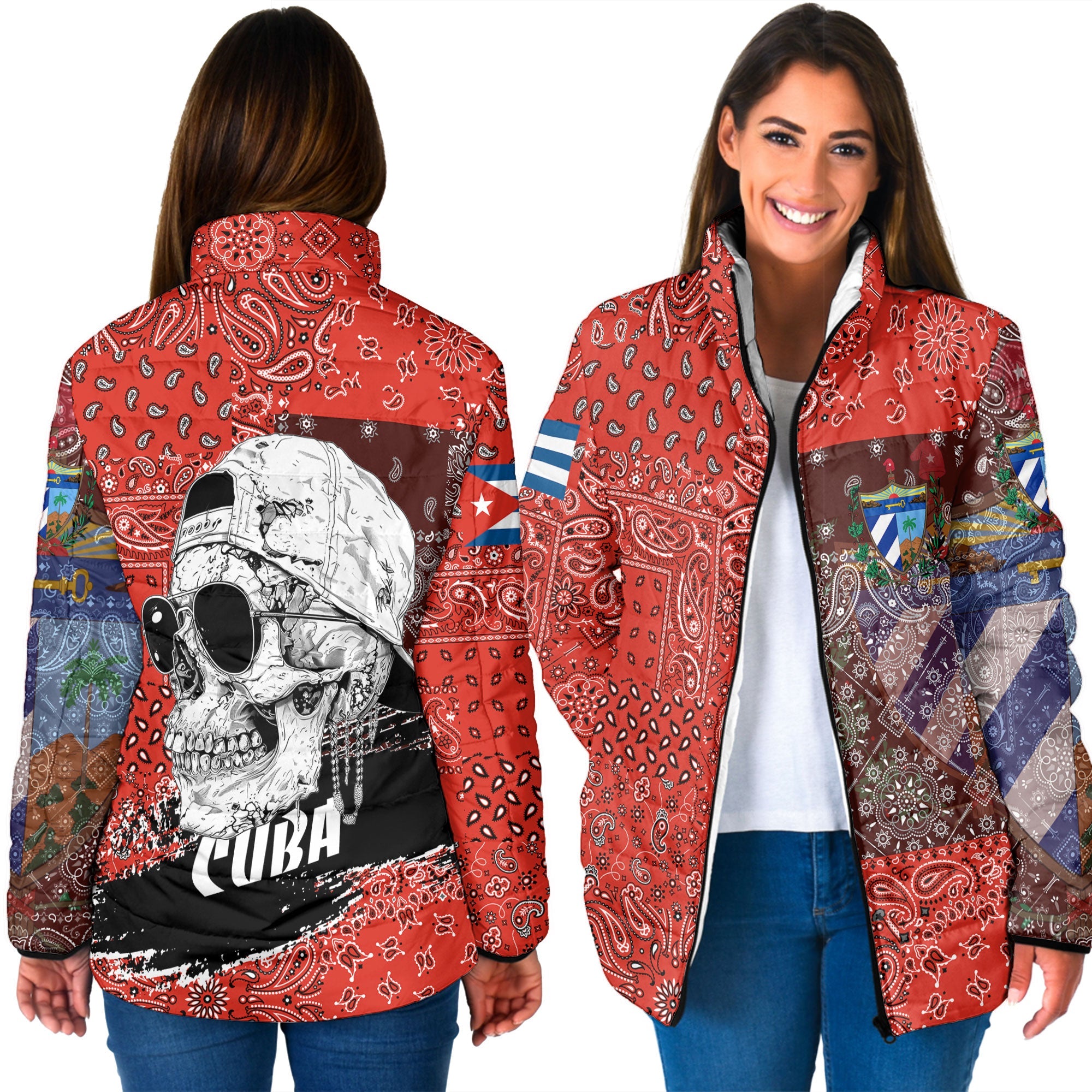 Cuba Women Padded Jacket Paisley Flag And Skull Style 3