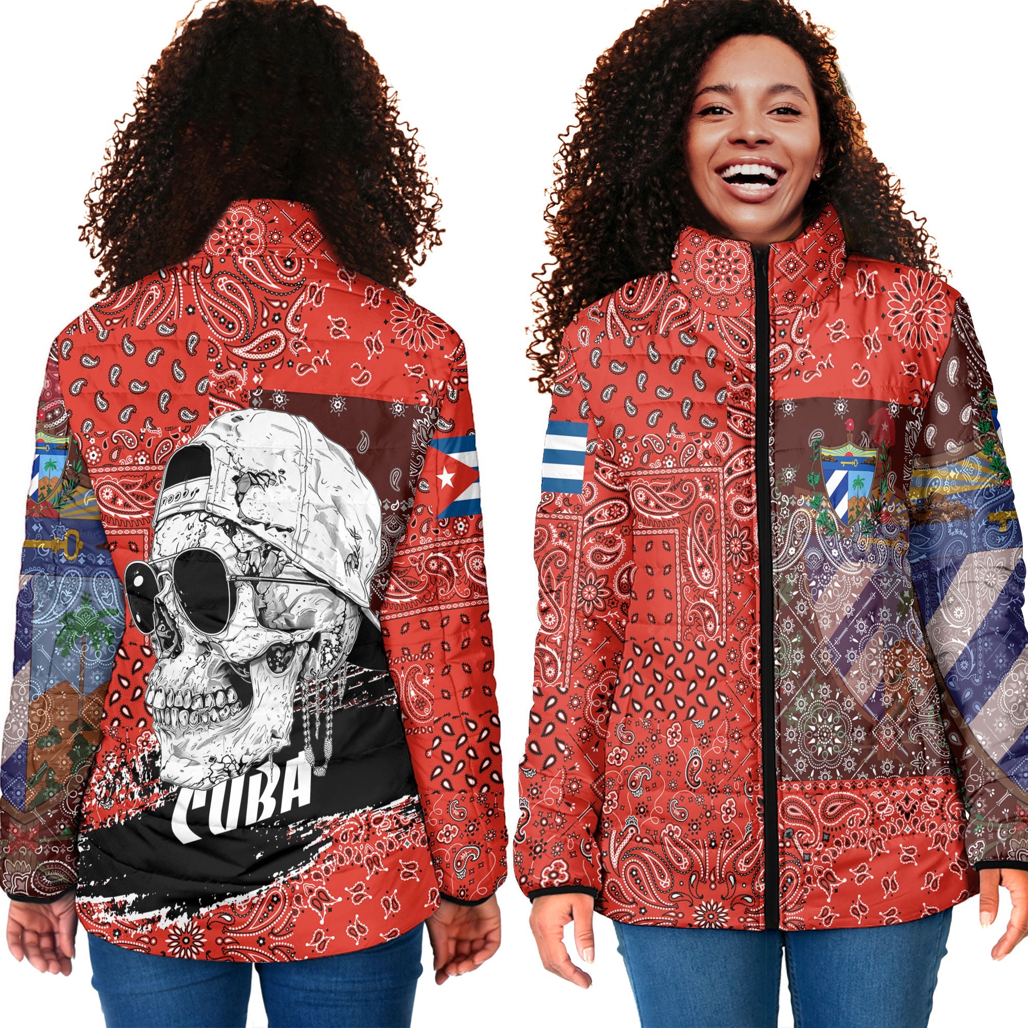 Cuba Women Padded Jacket Paisley Flag And Skull Style 4