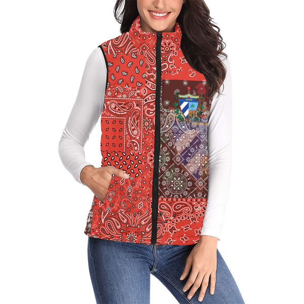 Cuba Women Padded Jacket Vest Paisley Flag And Skull Style 1