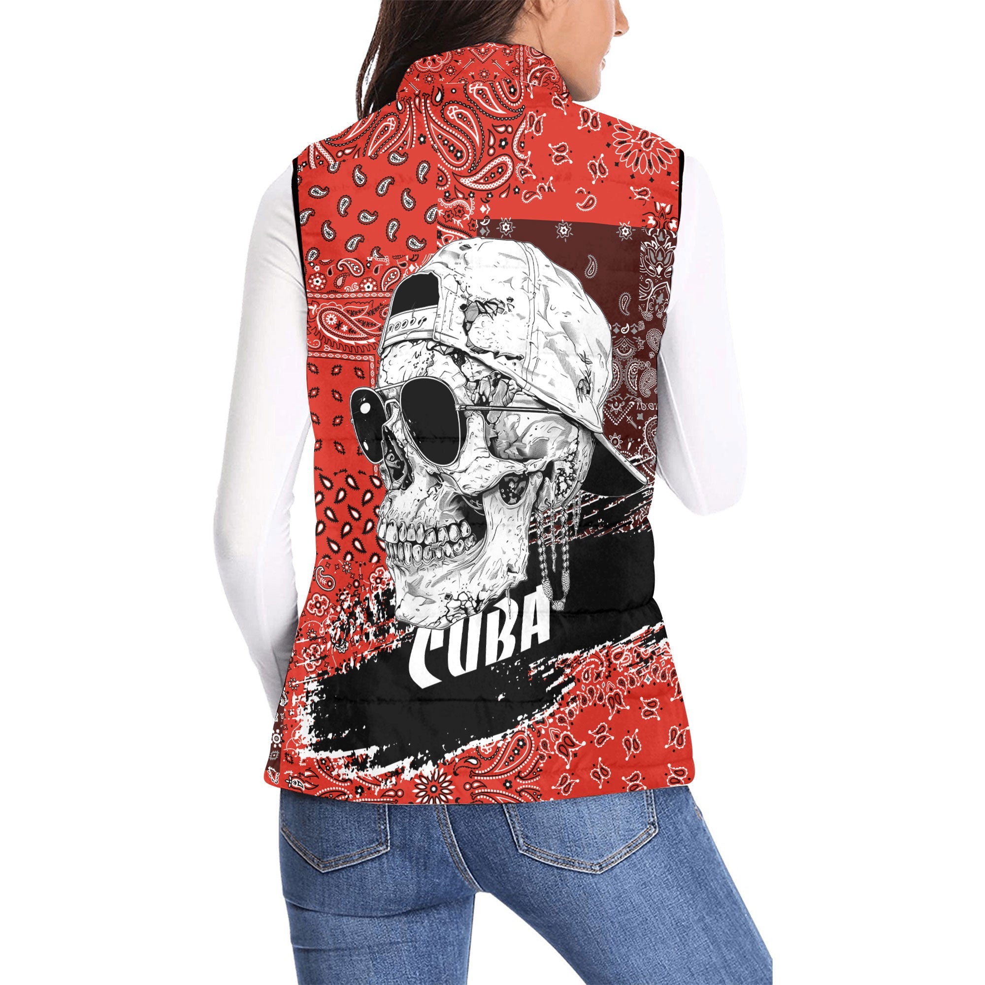 Cuba Women Padded Jacket Vest Paisley Flag And Skull Style 2